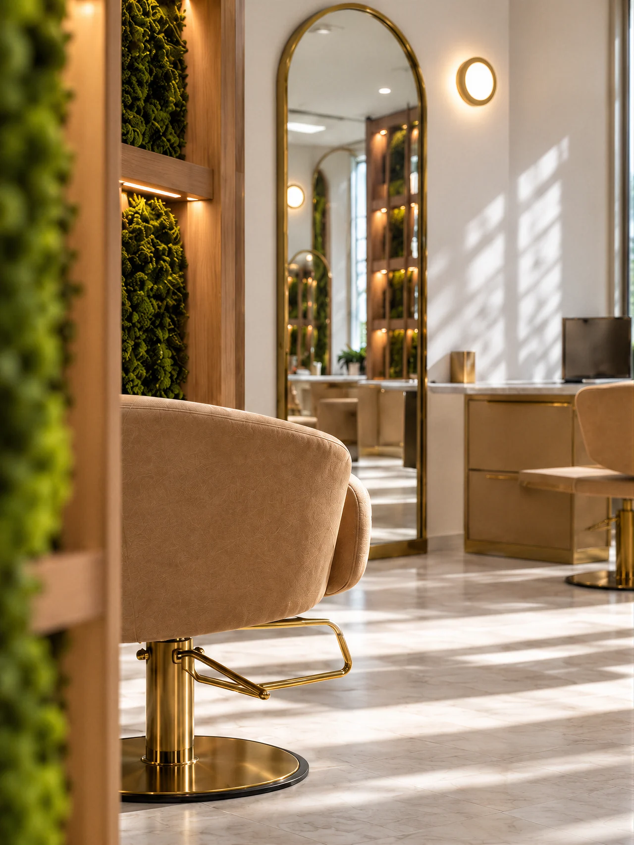 An angled view of Rové’s brass mirror, oak and moss wall, and camel fabric chair