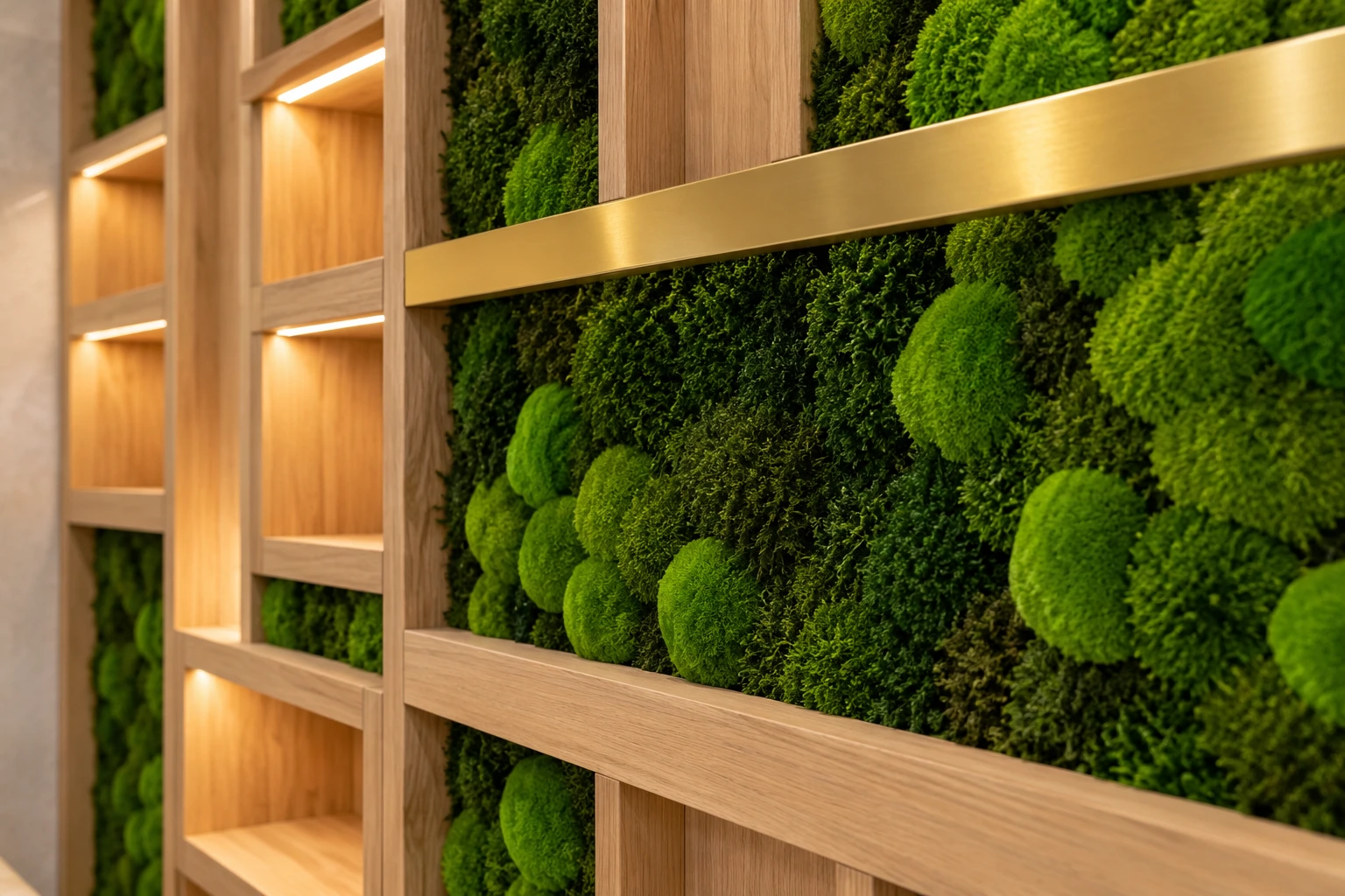 A close-up of moss, brushed brass and softly illuminated oak shelving