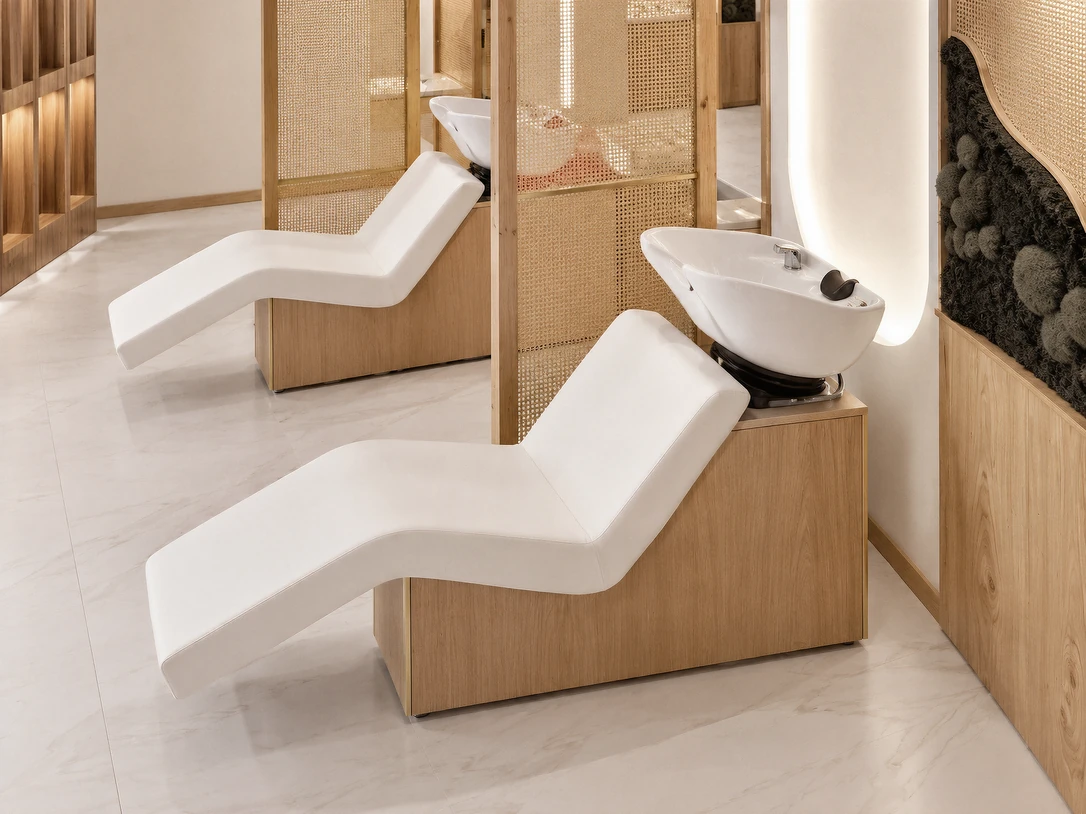 An editorial side-angle study of Rové’s sculptural wash chairs, oak and brass screens