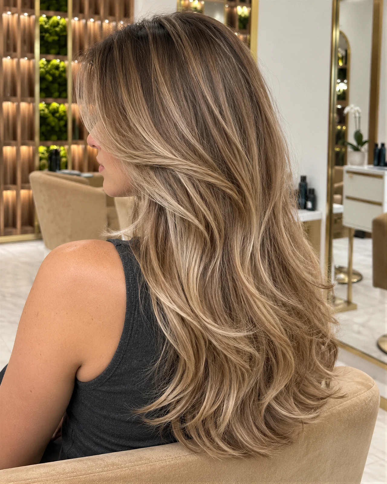 Lived-in blonde layers with natural movement, looking left in the Rové salon