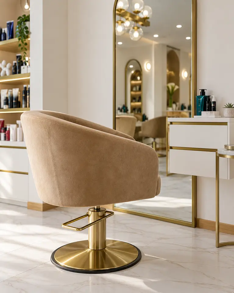 Editorial view of a Rové styling chair beside a brass mirror