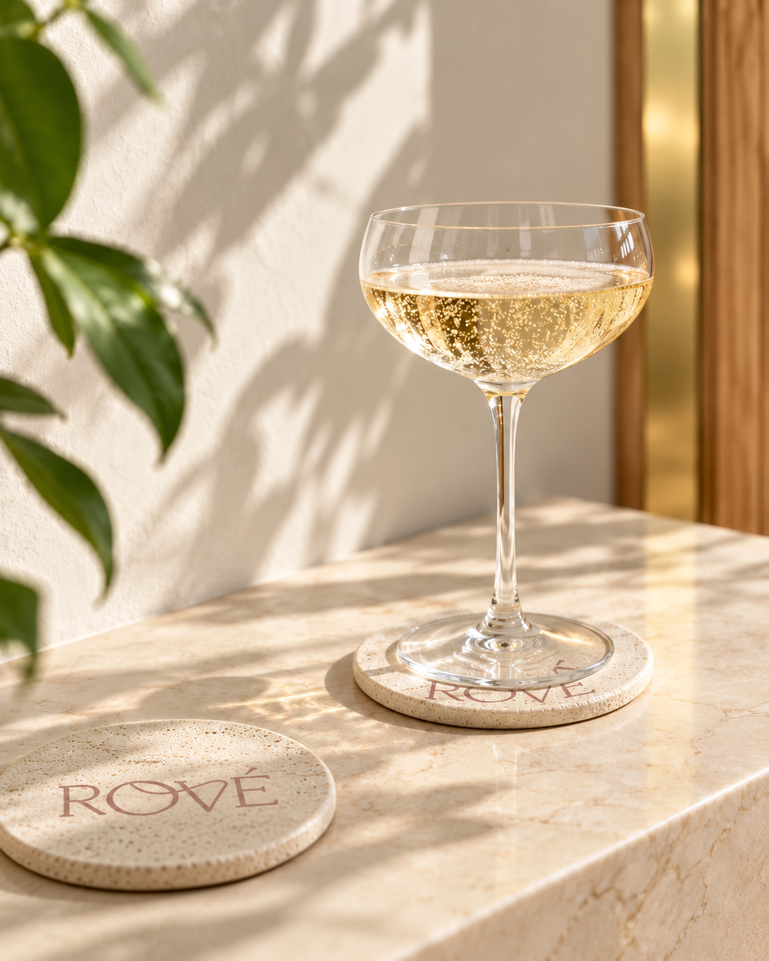Illustrative glass and Rové stone coasters in soft sunlight