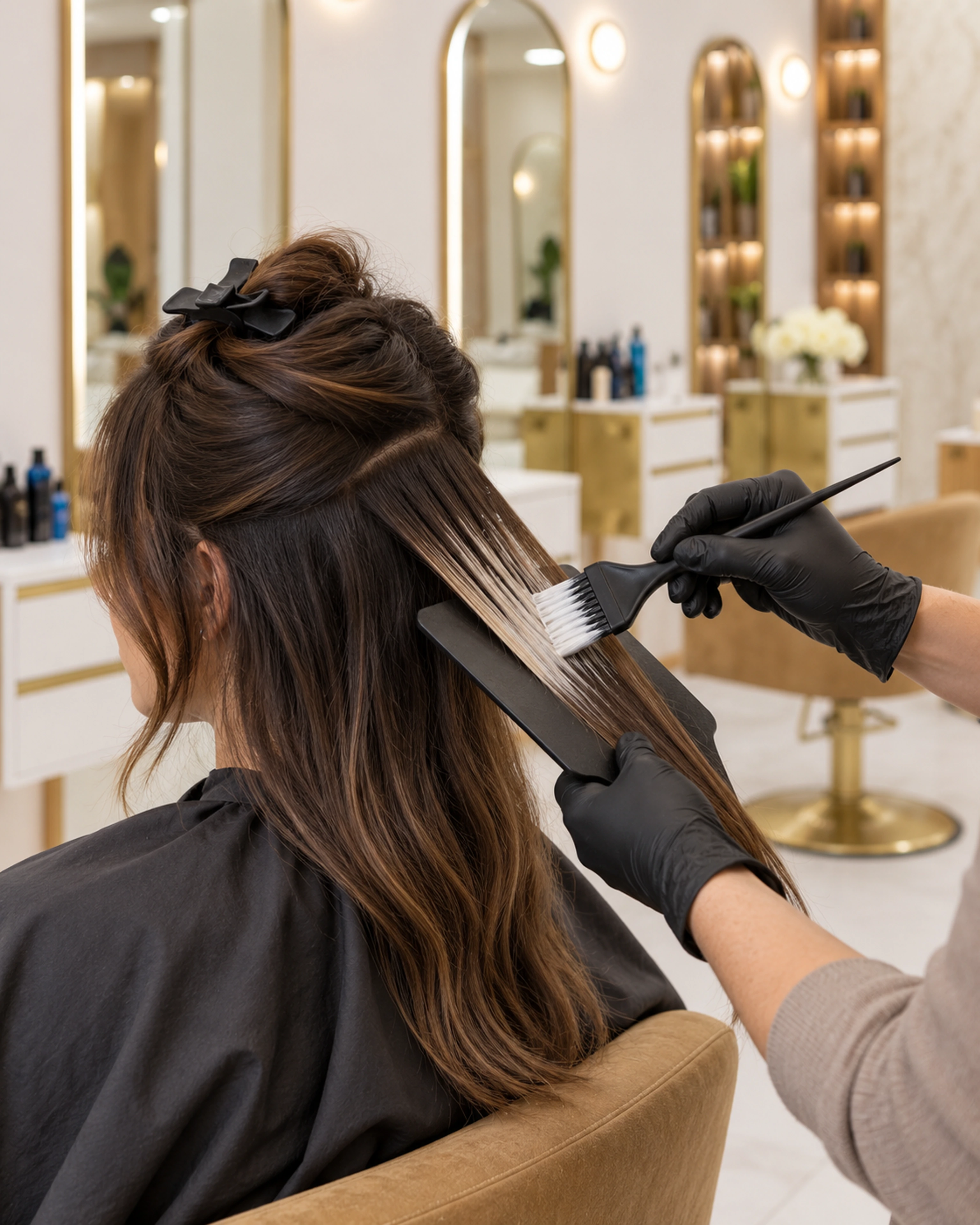 Editorial close-up of careful balayage application with a brush and paddle