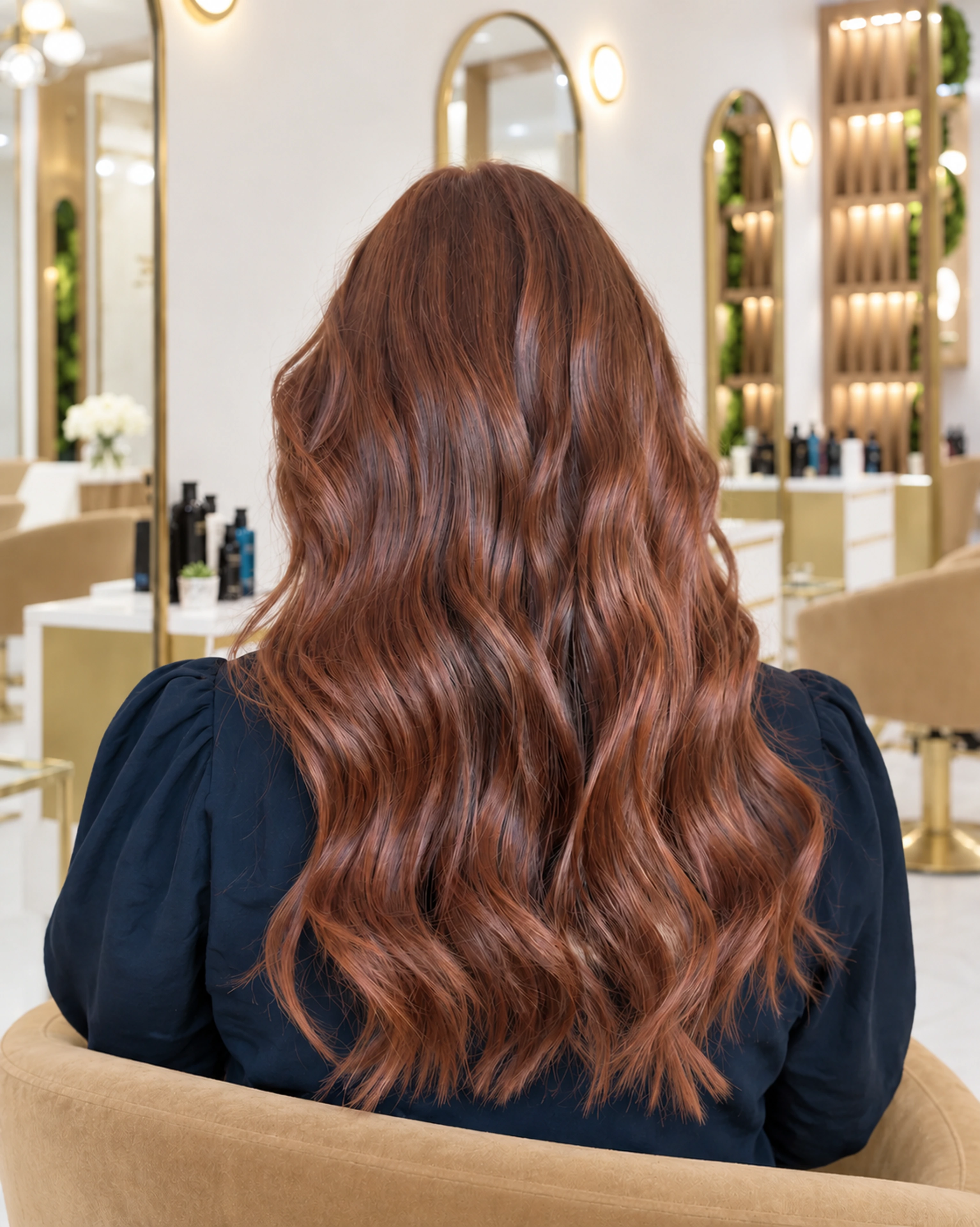 Back view of softly waved auburn hair in a warm salon setting