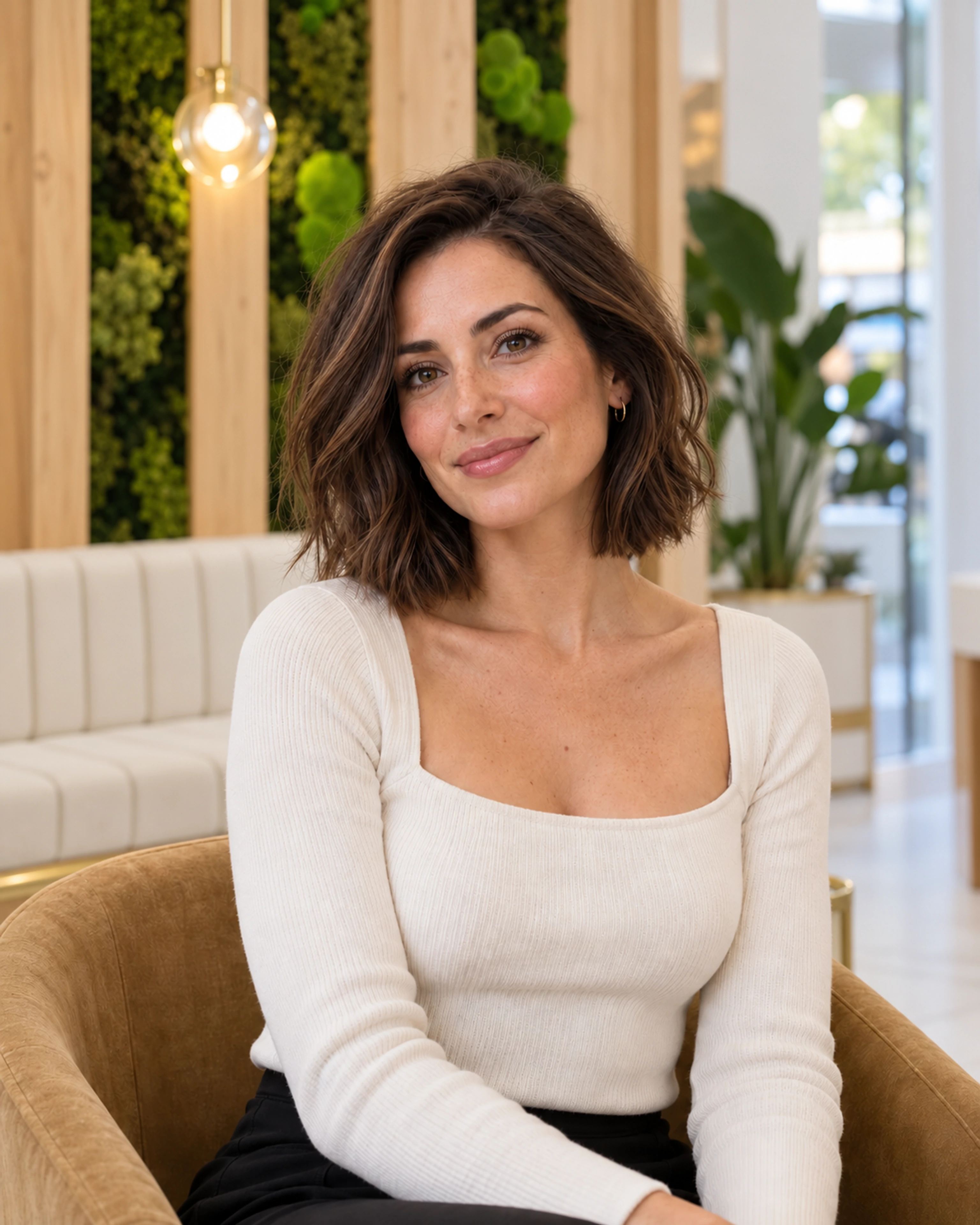 Editorial portrait with a softly textured brunette bob