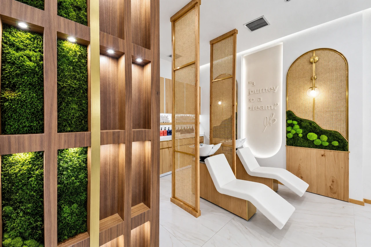 Rové’s wash area, with sculptural white chairs, warm oak and brass screens