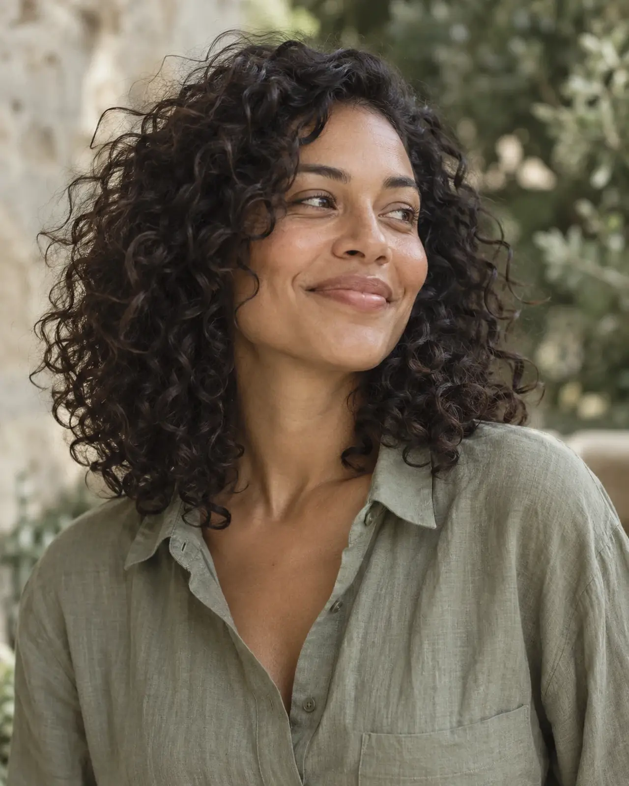 Editorial portrait of a woman with natural dark curls and a sage linen shirt