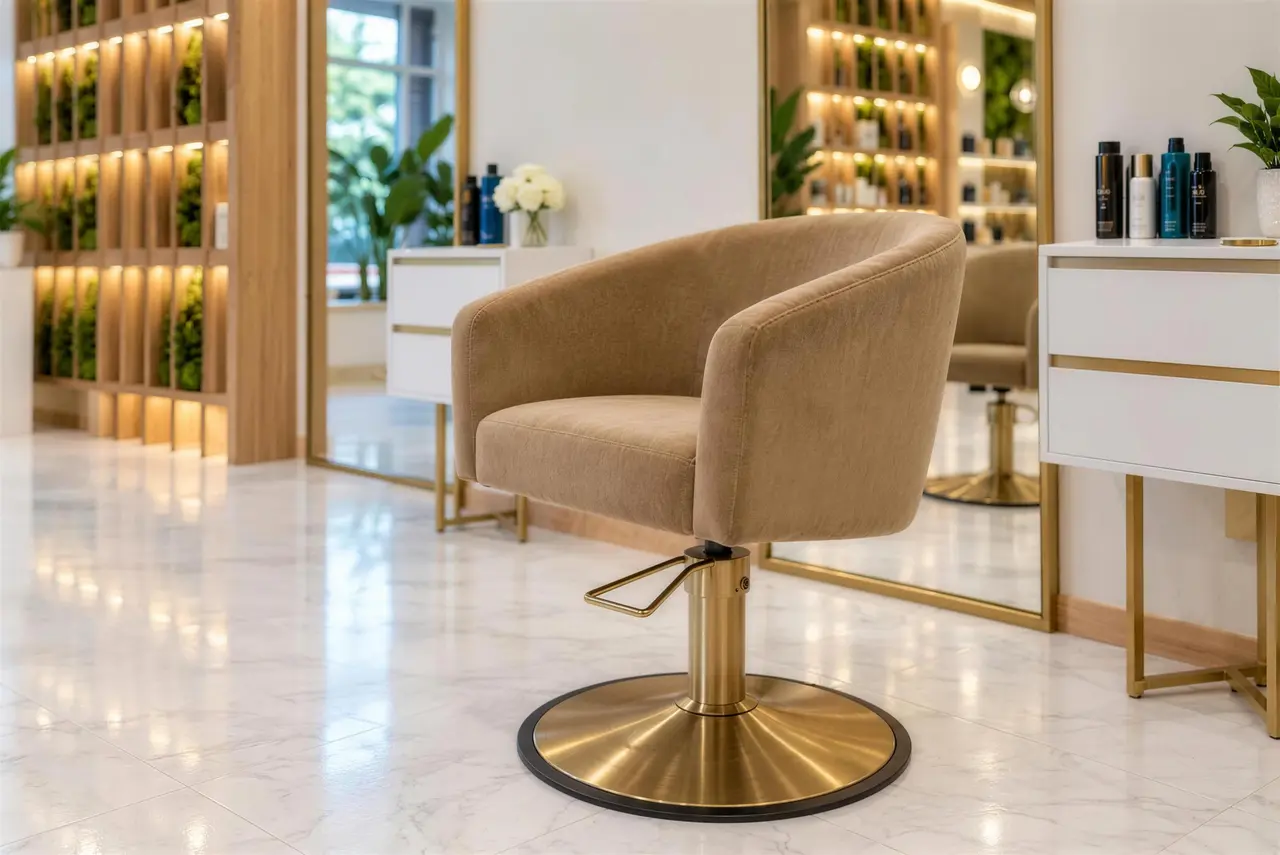 An empty taupe velvet styling chair with a gold pedestal in Rové’s salon