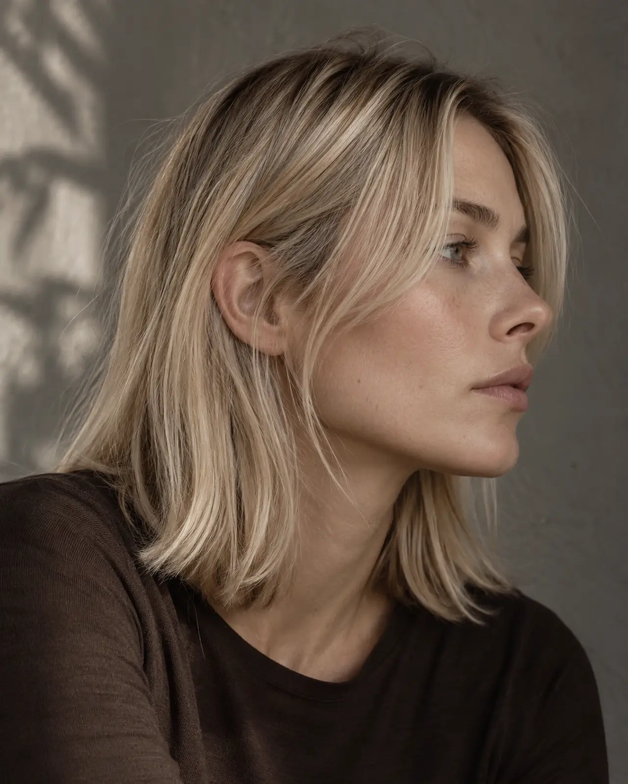 Editorial side profile of softly dimensional neutral blonde hair