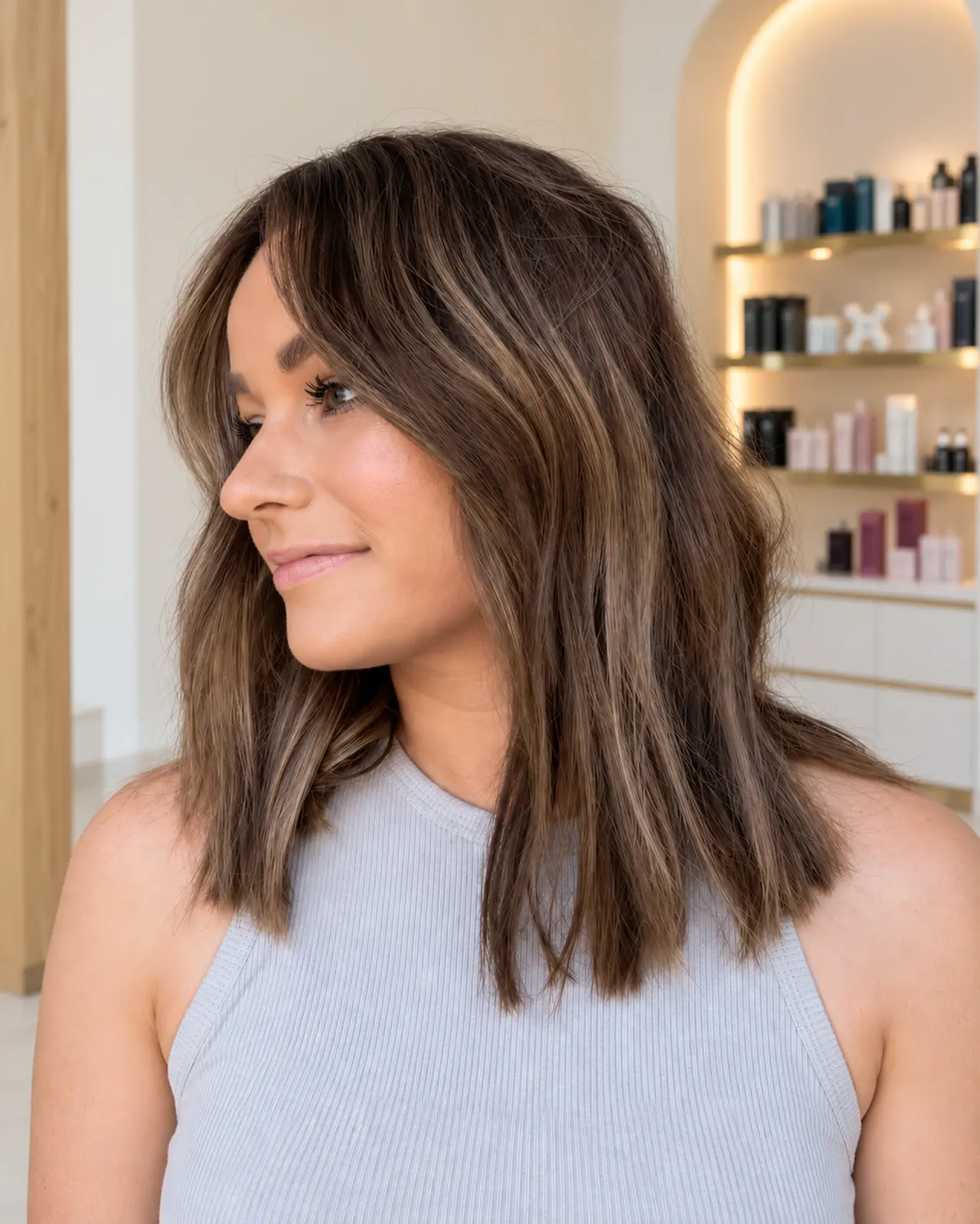 Sleek shoulder-length brunette hair with a straight, softly highlighted finish