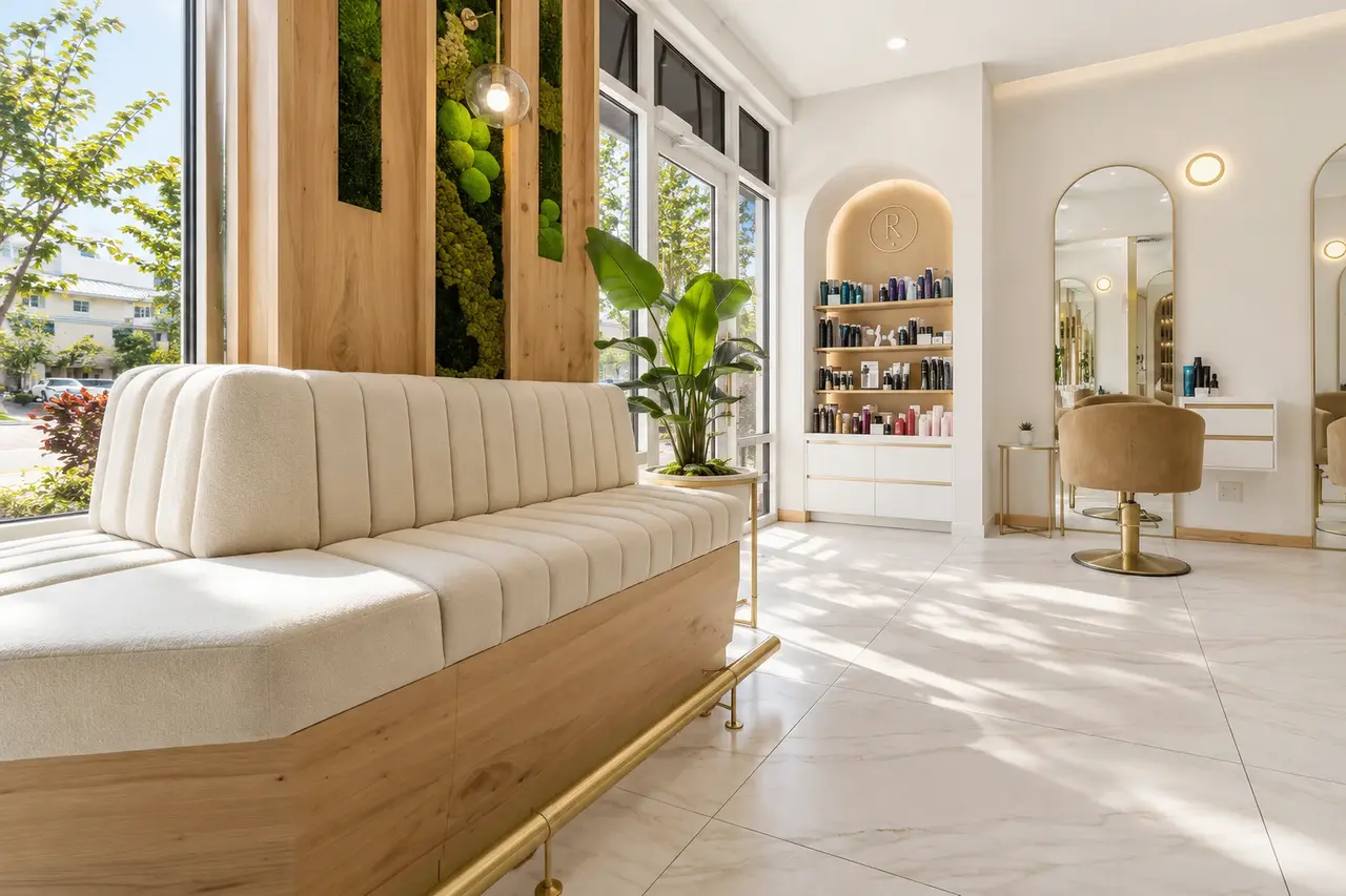 Daylight across Rové’s empty cream waiting bench, oak moss wall and gold mirrors