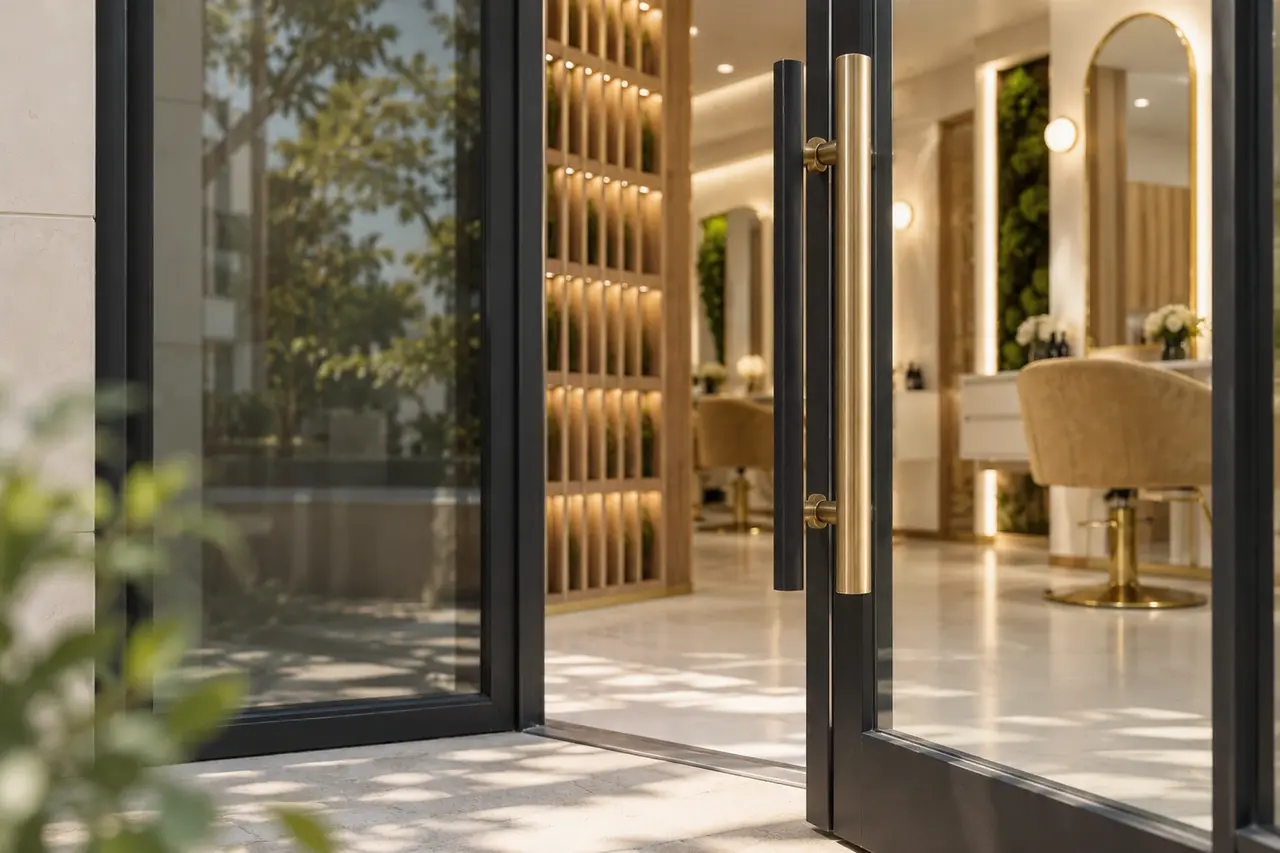 An open glass door with a brass handle, looking into Rové’s light-filled salon