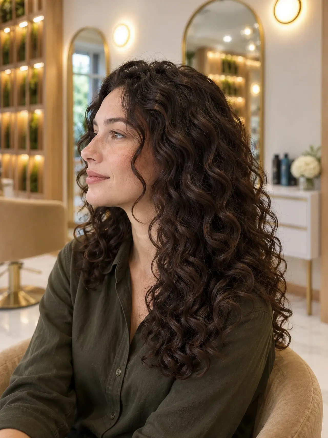Healthy full dark curls with soft defined texture and hydrated shine