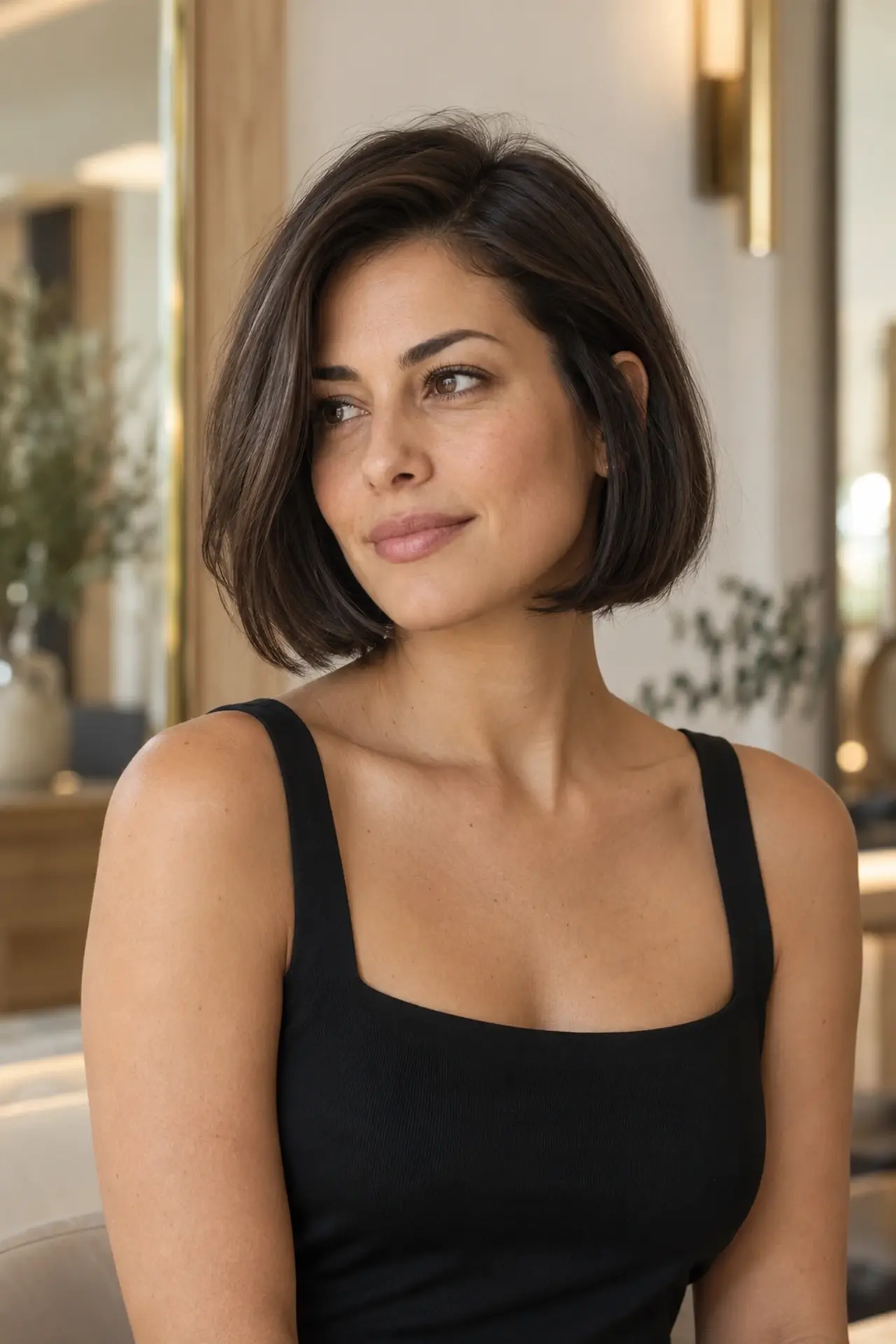 Editorial portrait of a woman with a sleek espresso bob