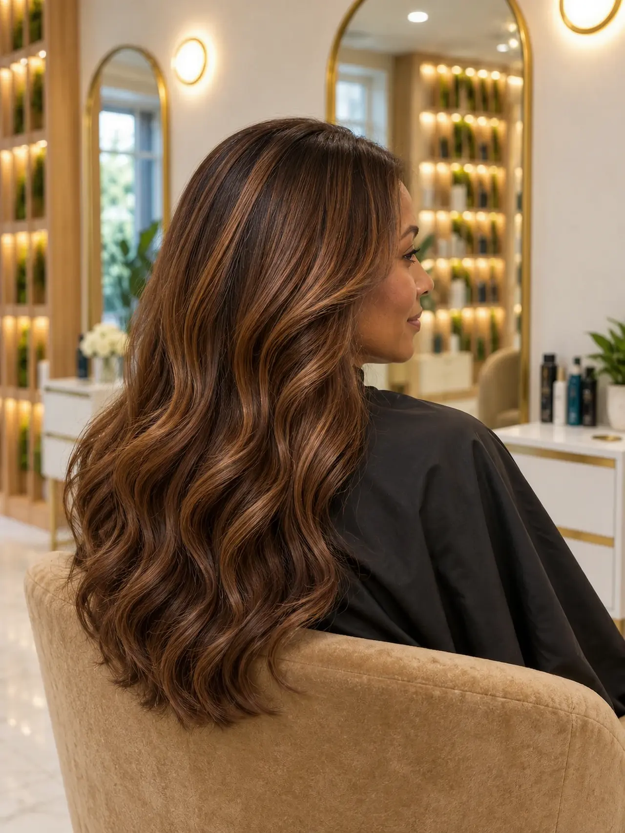 Mid-back chestnut loose waves, fine caramel ribbons blending very naturally at the root
