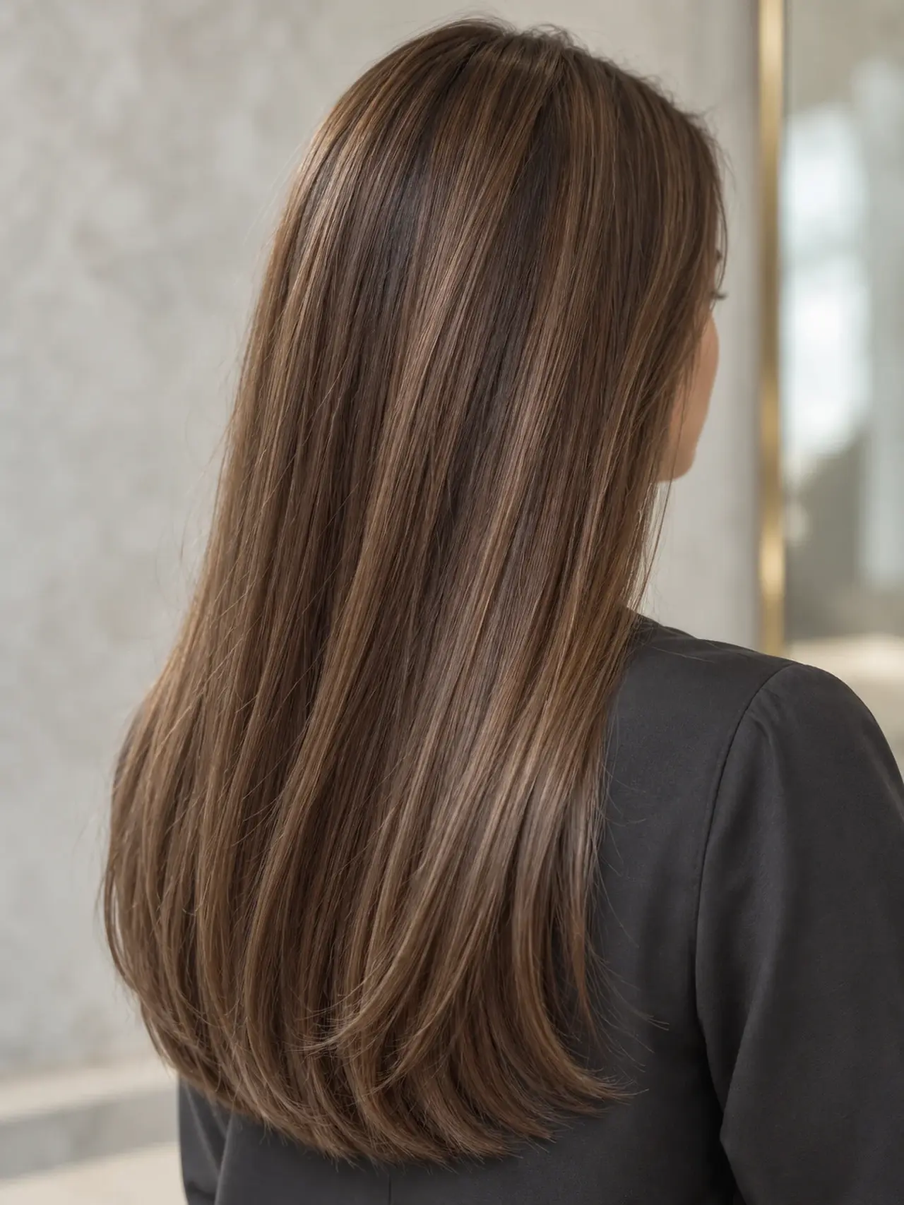 Smooth walnut brown hair with natural shine and a gentle bend at the ends