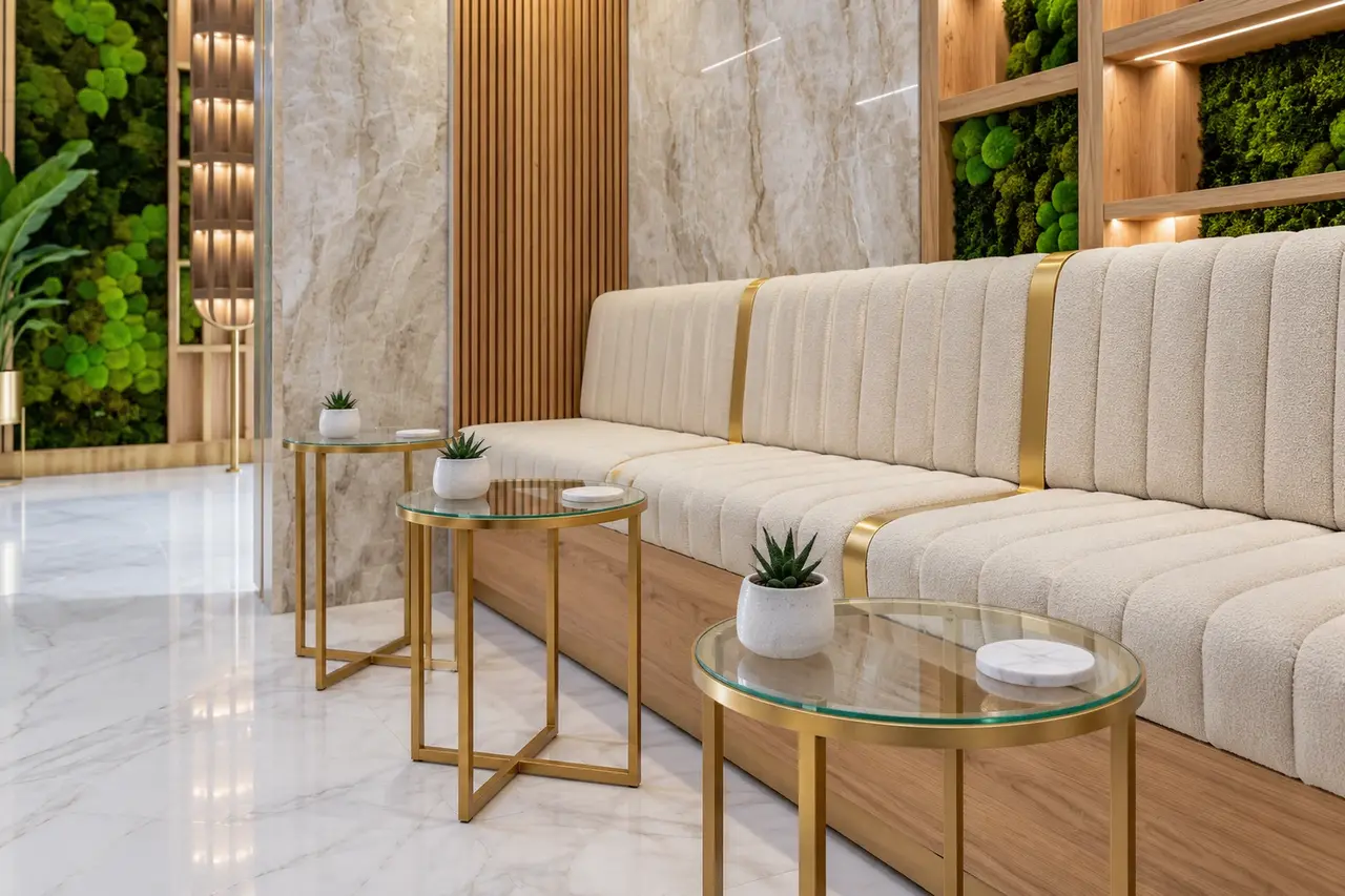 Rové’s empty cream waiting bench and glass tables
