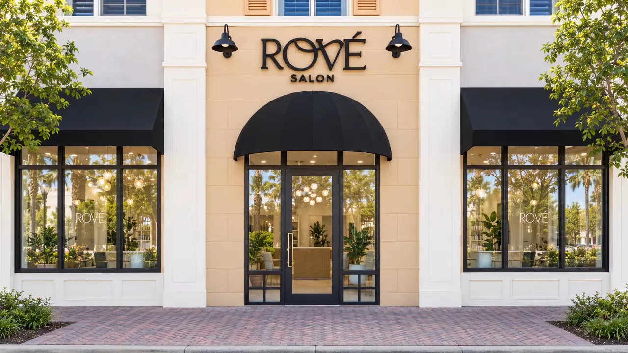 A head-on view of Rové’s entrance beneath the curved black awning