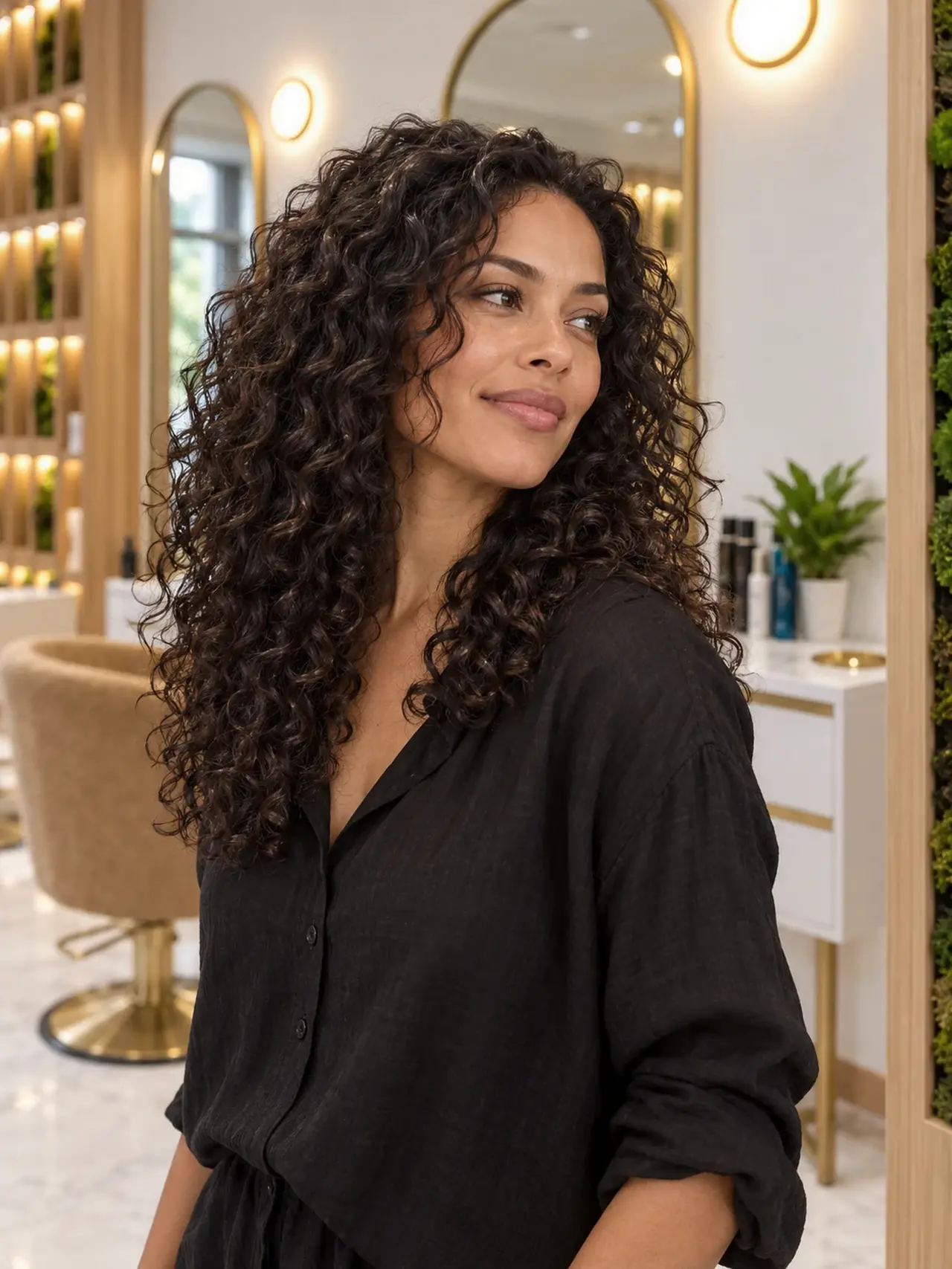 Healthy full dark curls with soft defined texture and hydrated shine