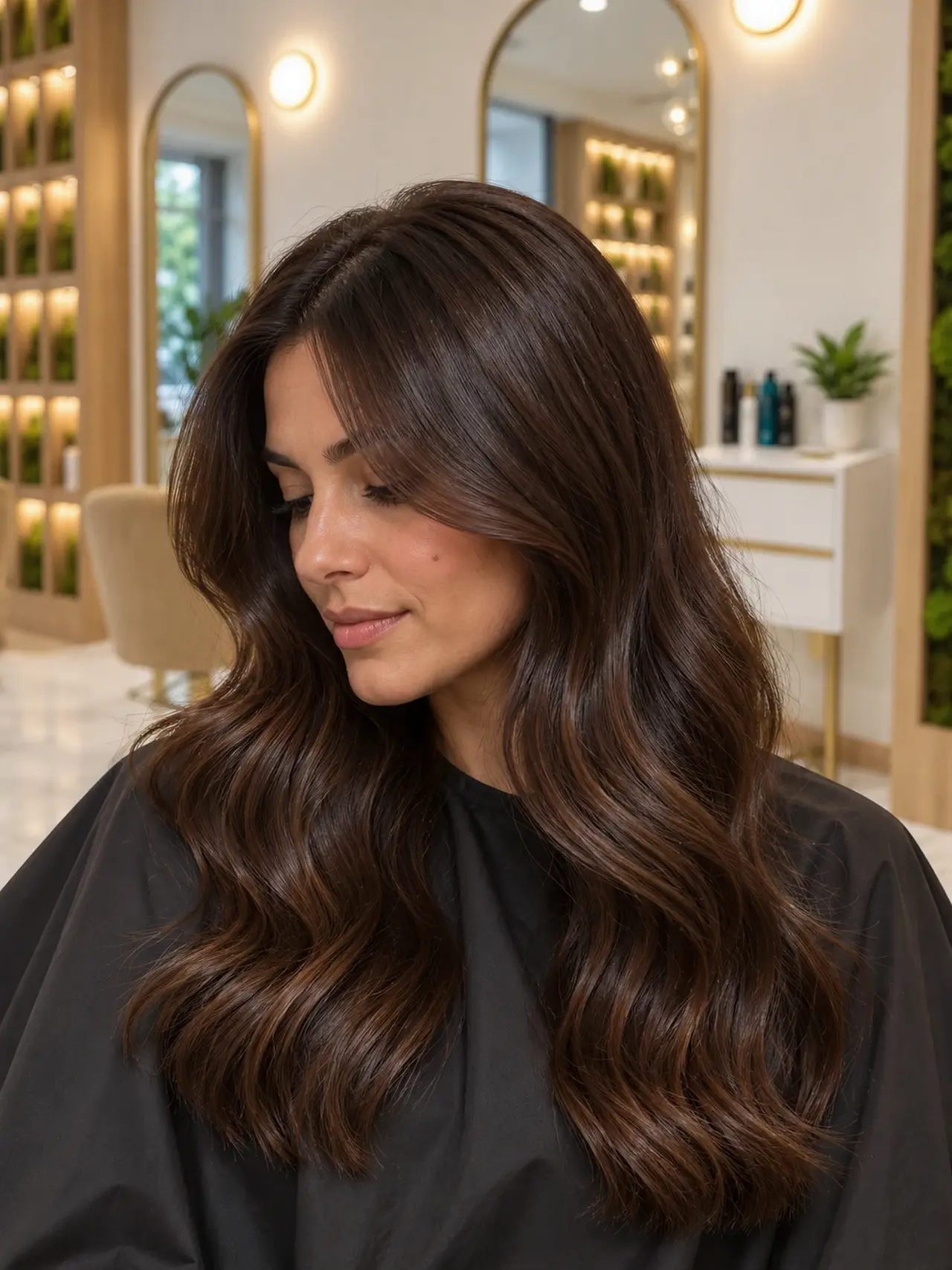 Luminous deep chocolate hair with a subtle light-reflecting shine and loose waves