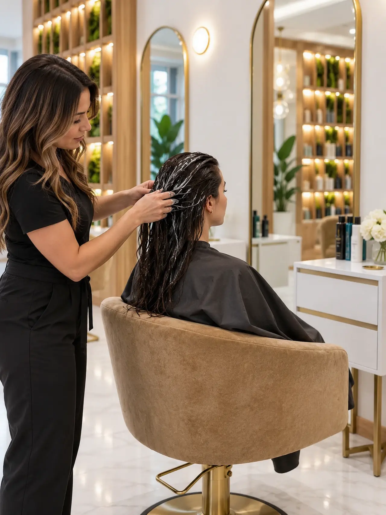 A stylist applying conditioning care to damp dark hair