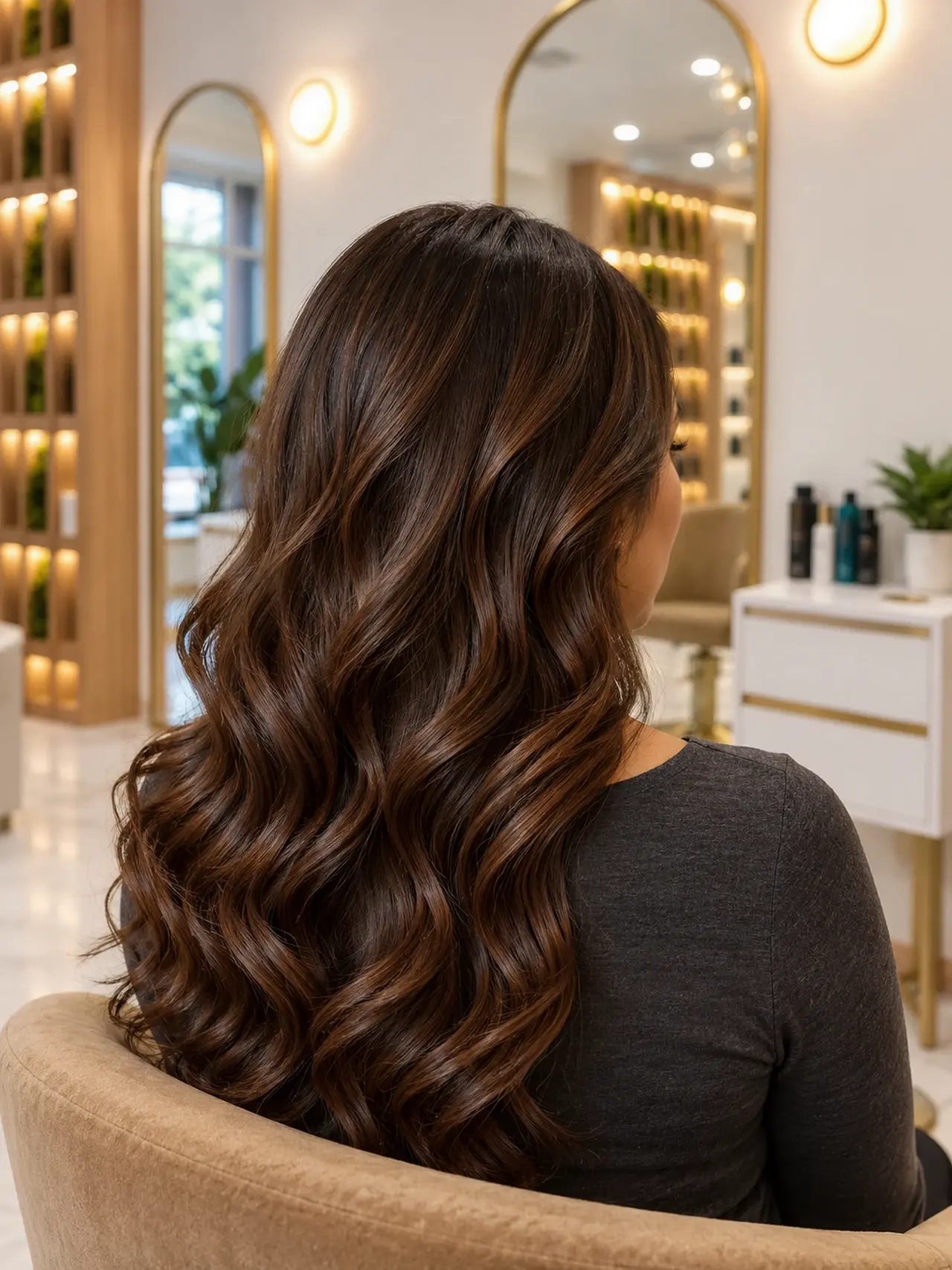 Glossy warm brunette loose curls, deep color and healthy reflections
