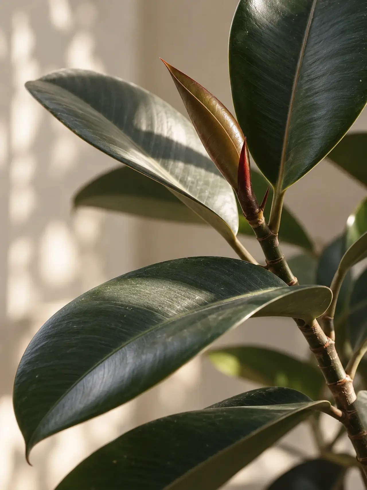 Deep green ficus leaves with a new burgundy bud in soft window light