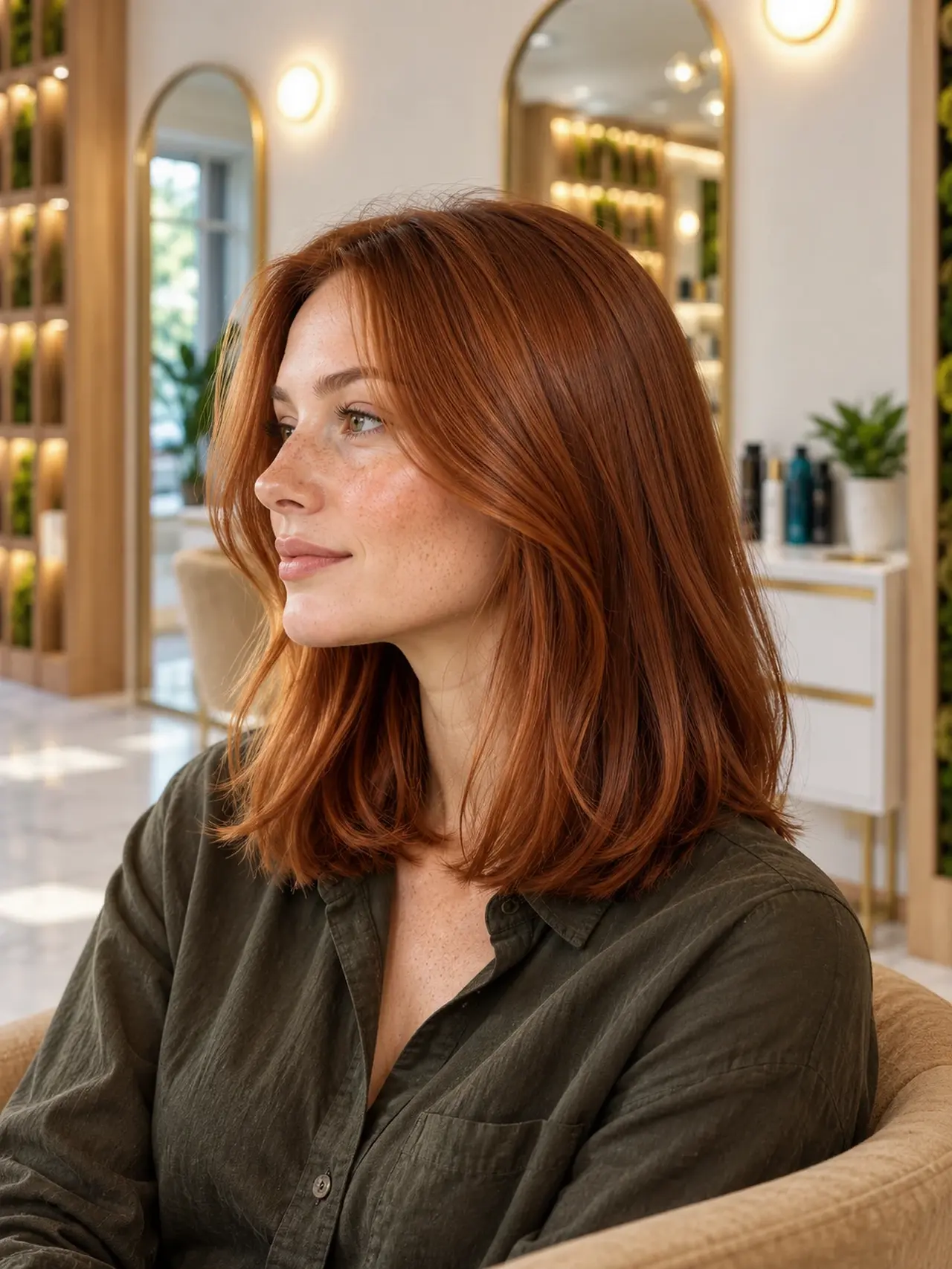 Rich polished copper hair in a smooth collarbone-length cut with radiant natural shine