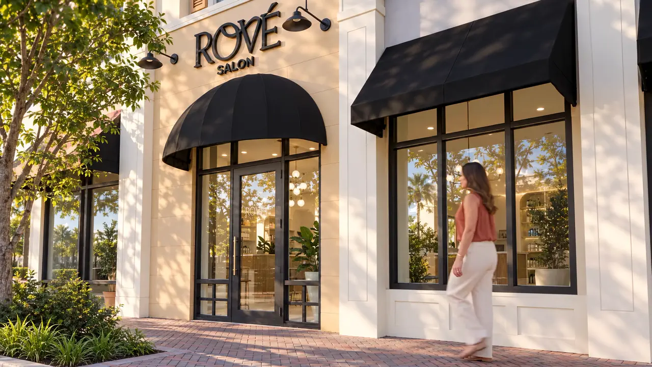 A woman approaching Rové’s entrance from the right, beneath the salon’s black awnings
