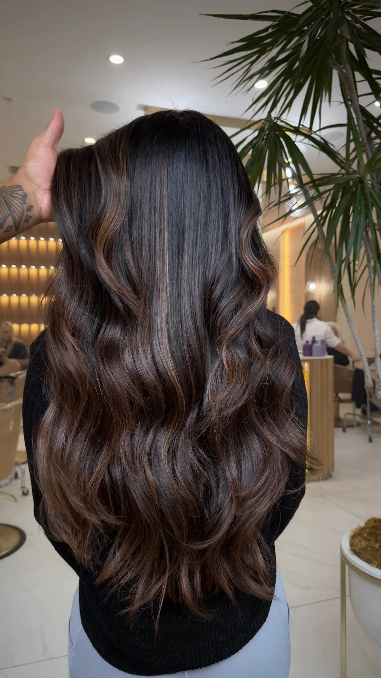Rich brunette waves falling through long layers, shown from behind at Rové