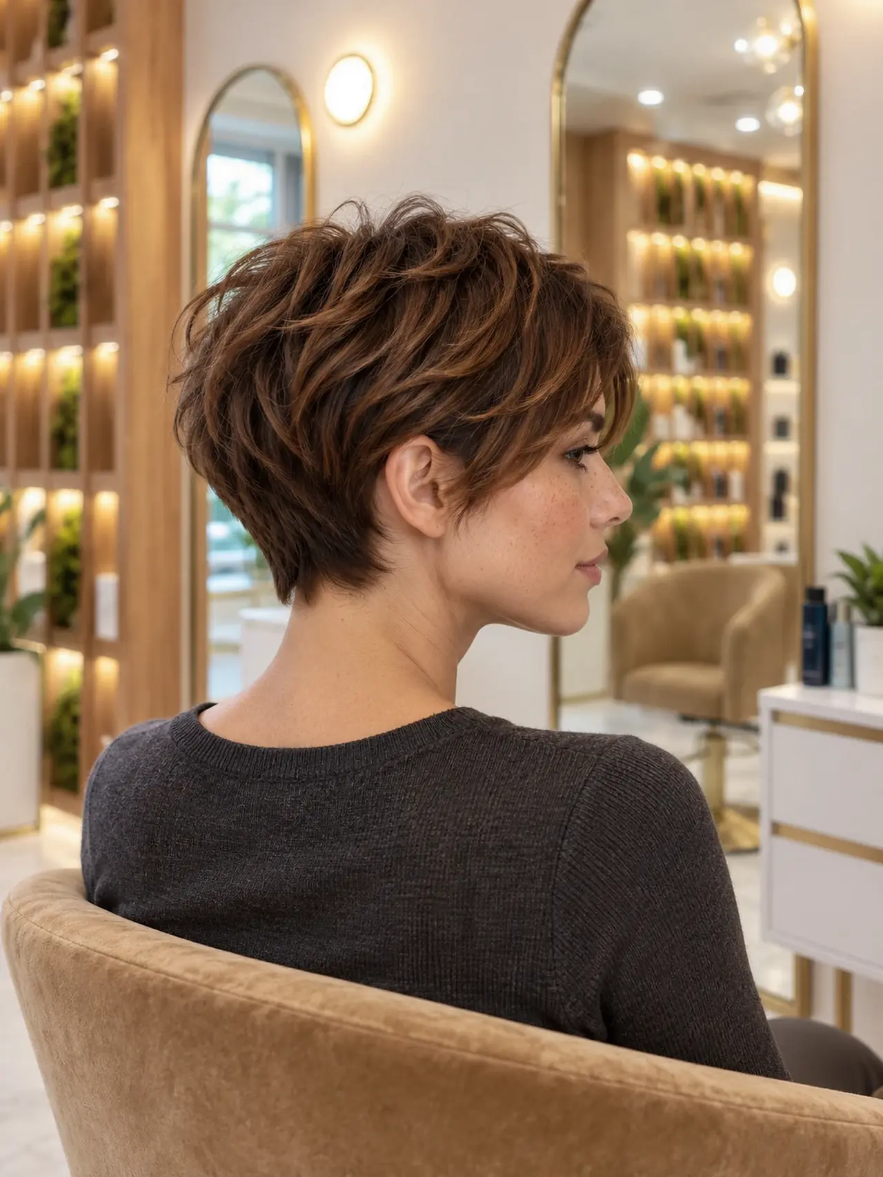 A textured short chestnut pixie with a long soft fringe
