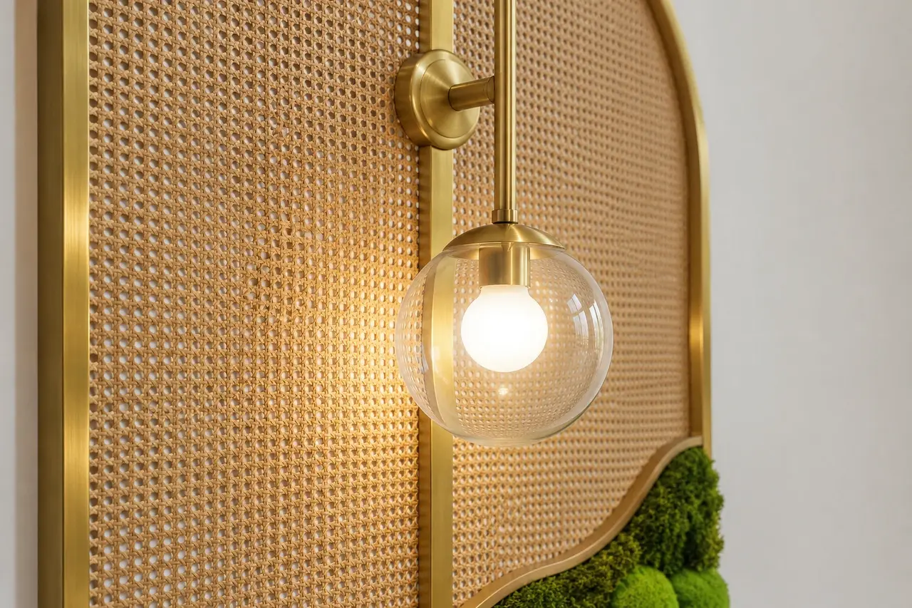 A glowing glass globe against woven cane and moss at Rové