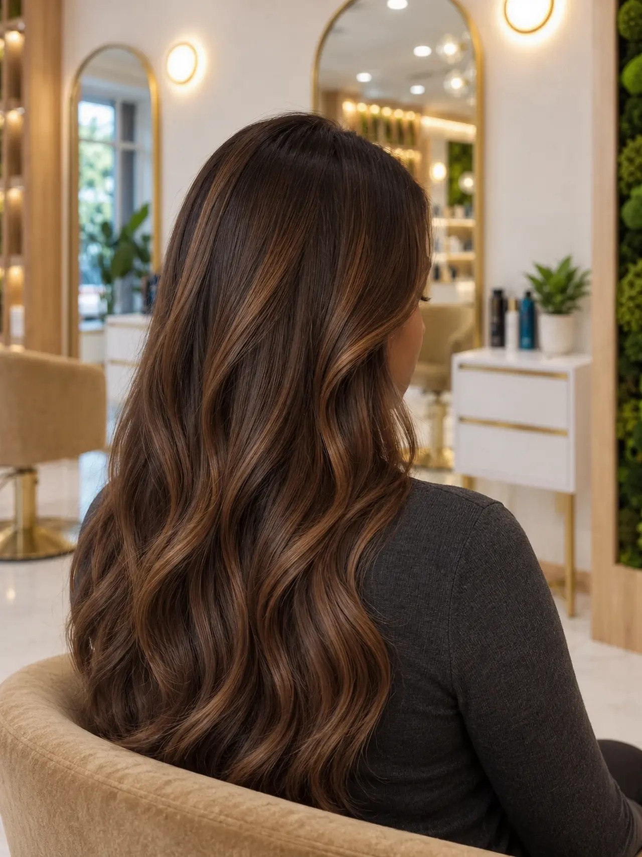 Evenly balanced rich brunette color with seamless soft caramel dimension, a harmonious corrected result