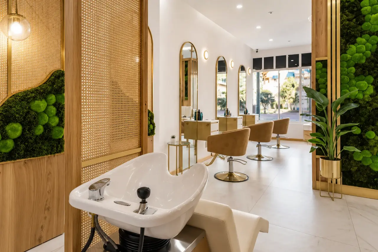Rové’s empty wash area, with white basin, oak and cane screens, and gold mirror stations beyond