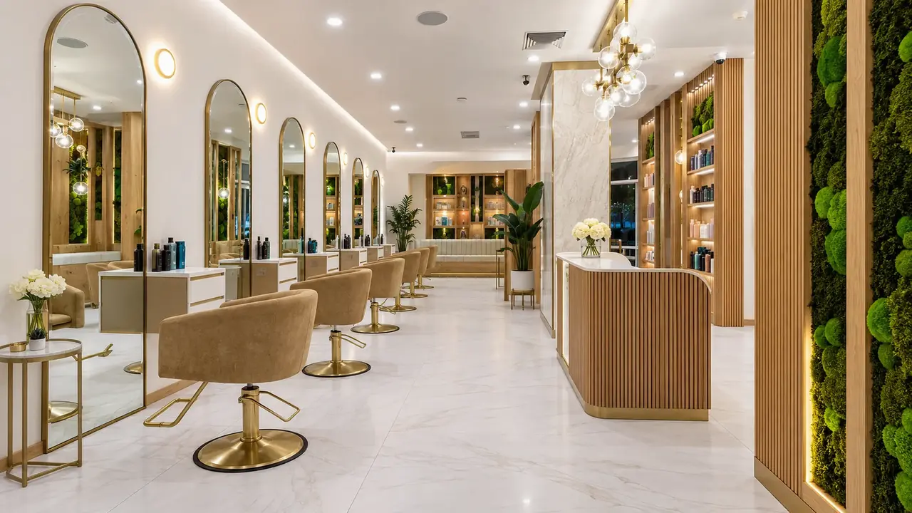 An empty aisle through Rové’s gold-mirror styling stations