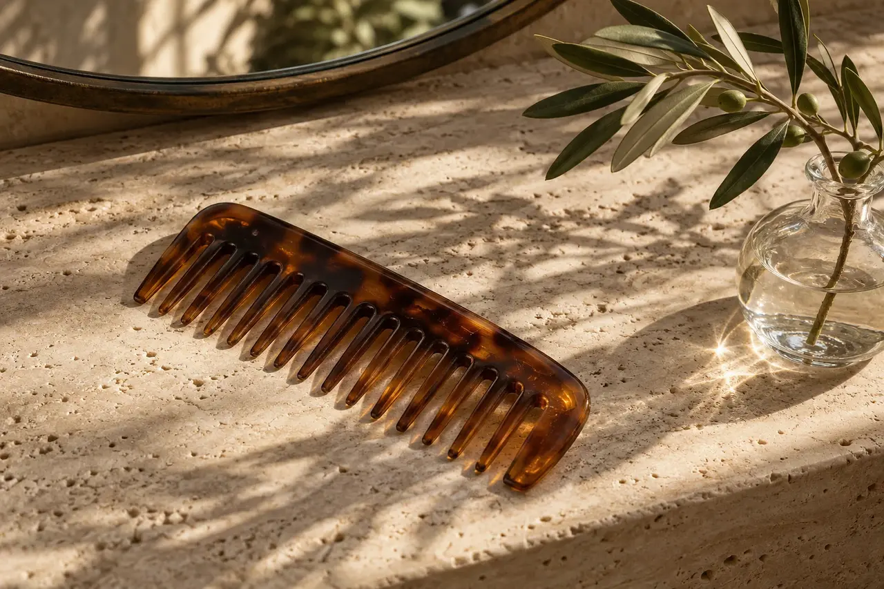 An amber comb and a leafy branch in natural light on pale stone