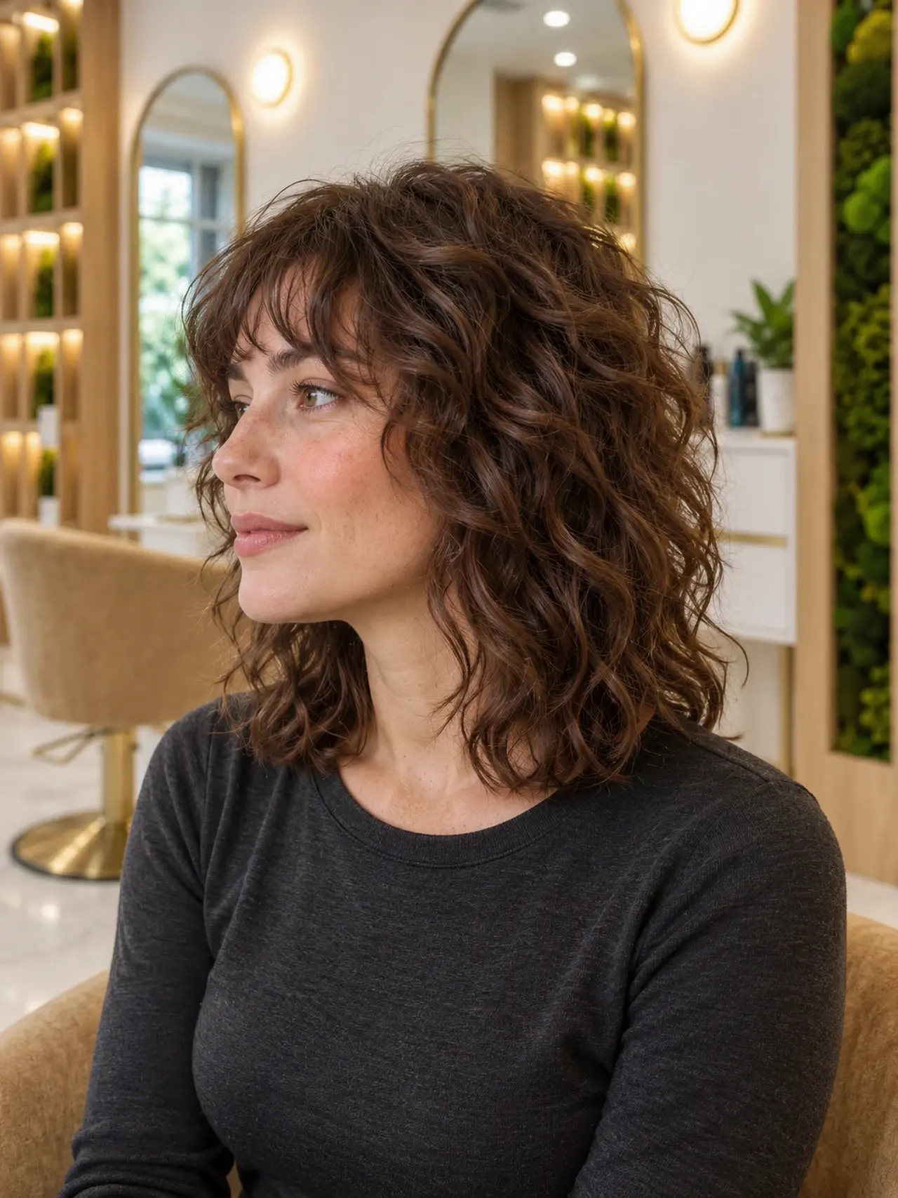 A shoulder-length curly brunette shag with a soft fringe and airy layers