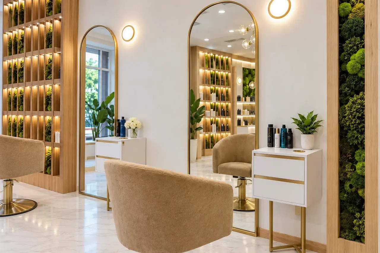 Empty styling stations with gold arched mirrors and moss details