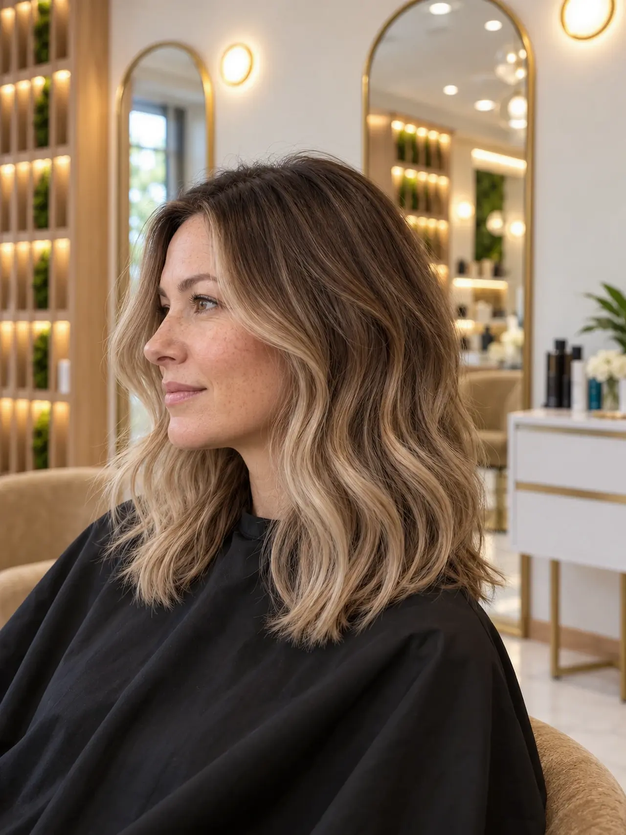 Dark ash-brown hair transitioning softly into neutral sandy-blonde ends, effortless mid-length waves