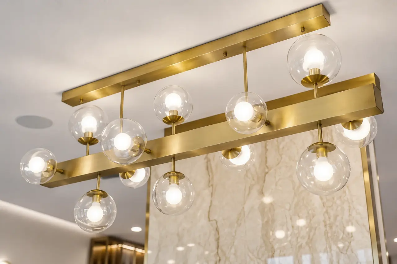 Rové’s gold and glass reception chandelier above the marble partition