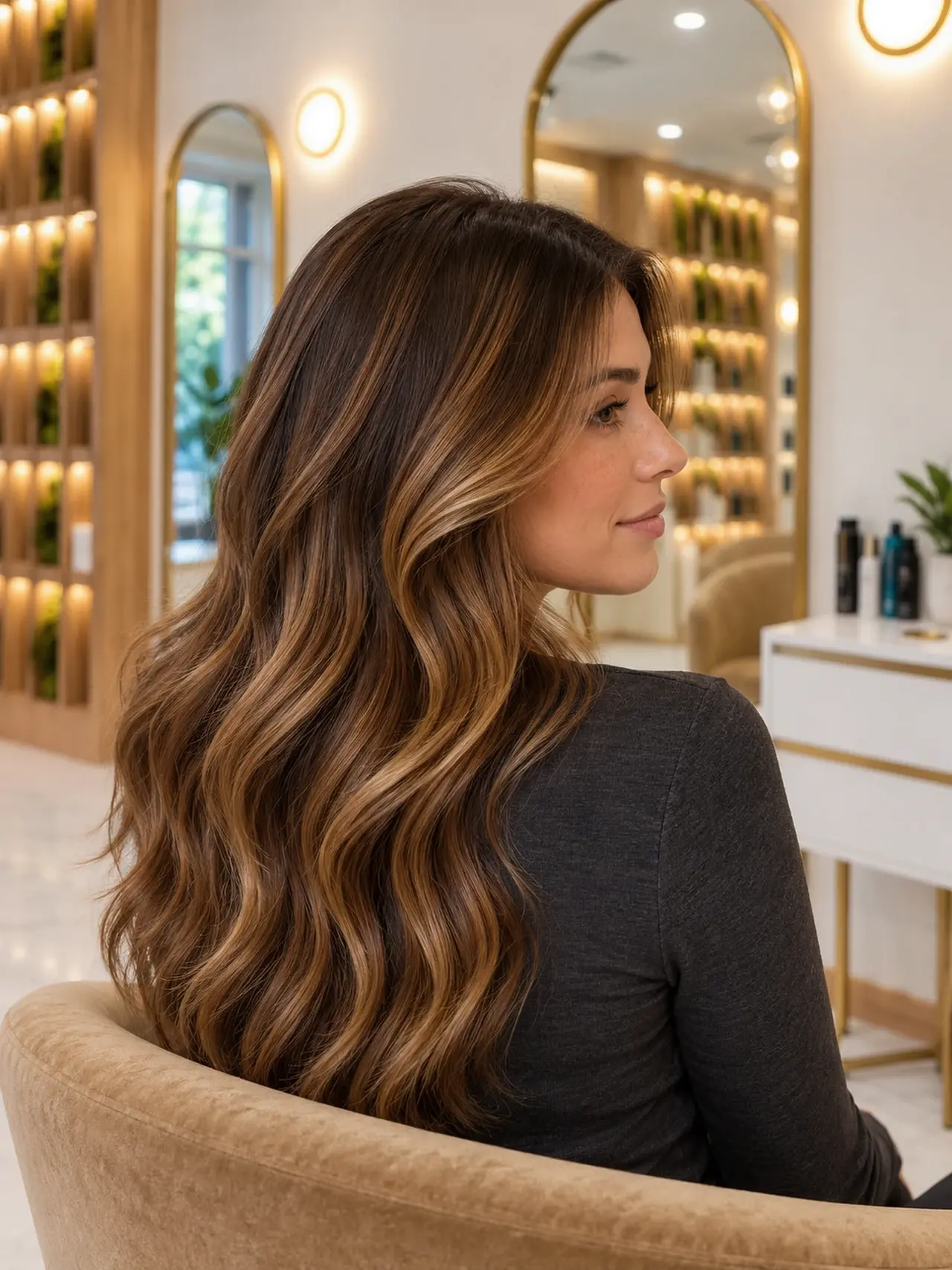 Rich chestnut hair with hand-painted caramel ribbons through long loose bends