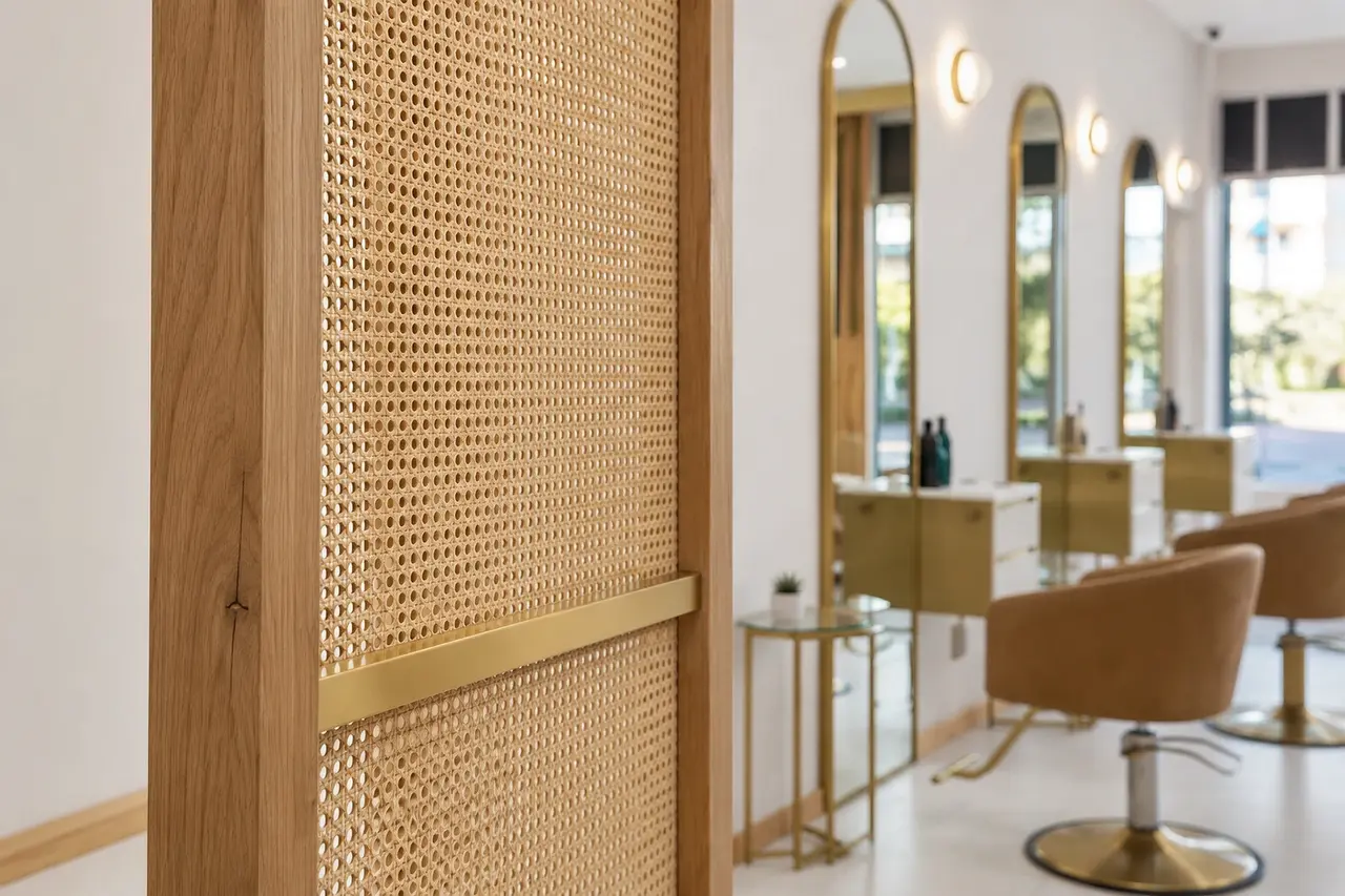 Pale oak and woven cane beside Rové’s empty styling stations
