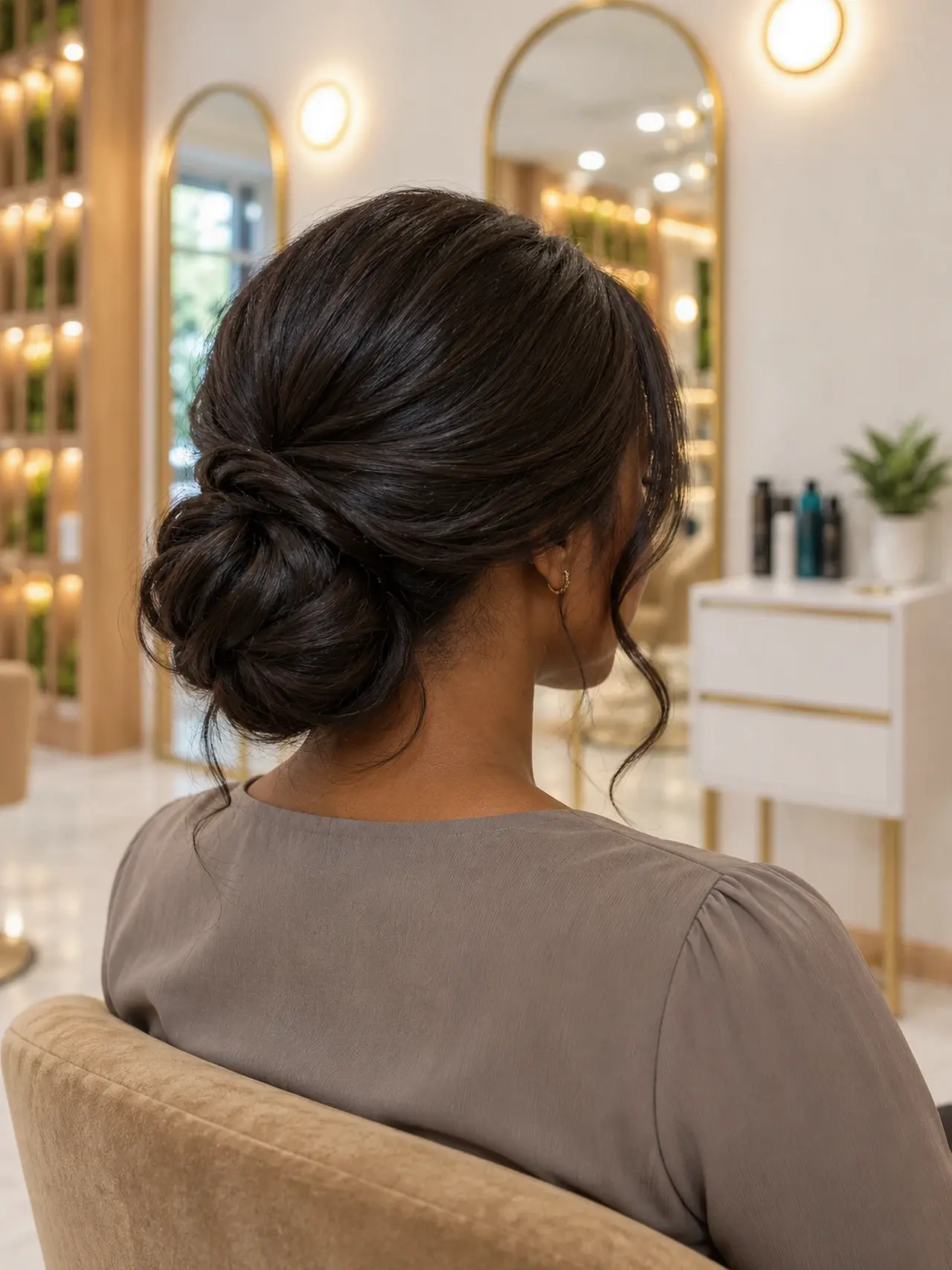 A relaxed low chignon, soft tendrils and a smooth polished crown
