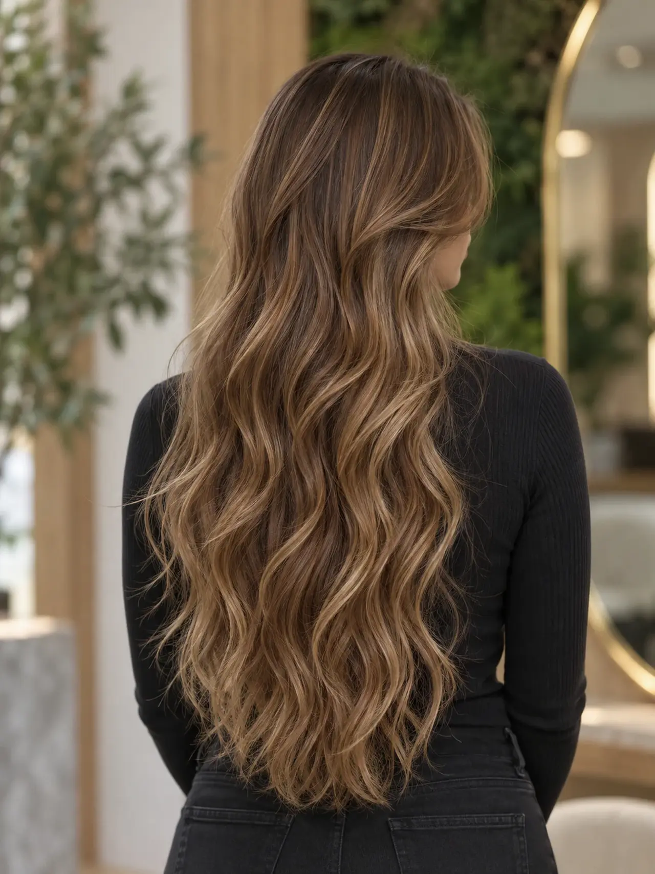 Long chestnut hair with caramel ribbons and loose, natural waves