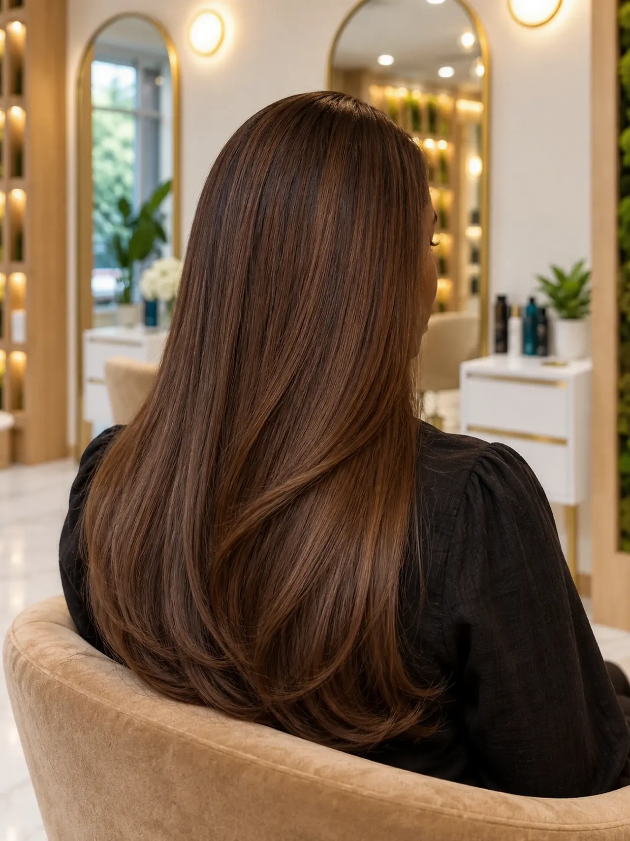 Long silky smooth chestnut hair with gentle curved ends, an effortless frizz-free finish