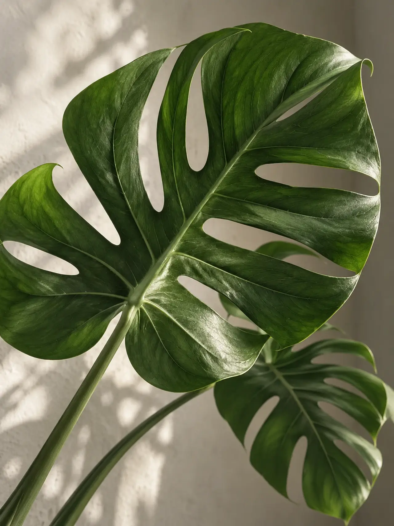 A sculptural green monstera leaf and its shadow on warm plaster