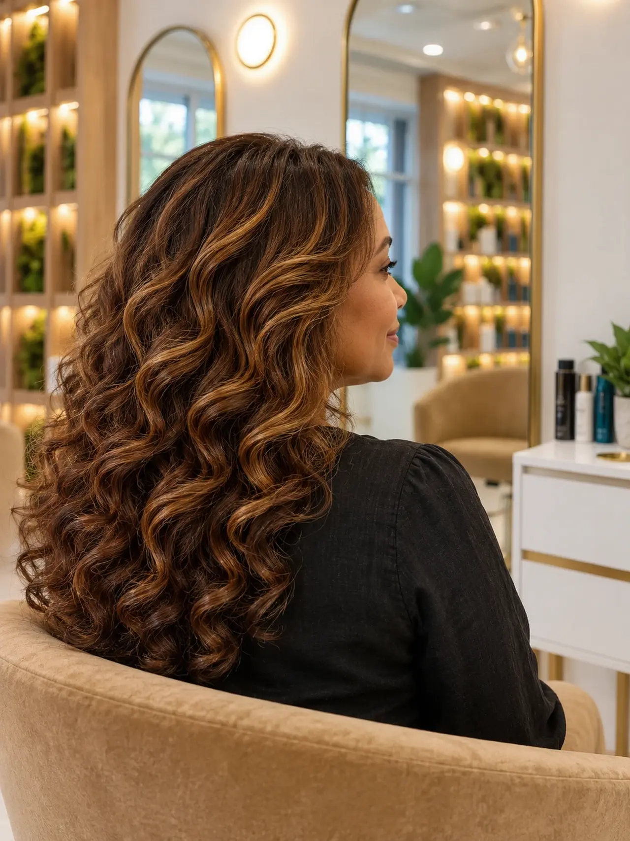 Delicate golden highlights woven through rich chestnut curls