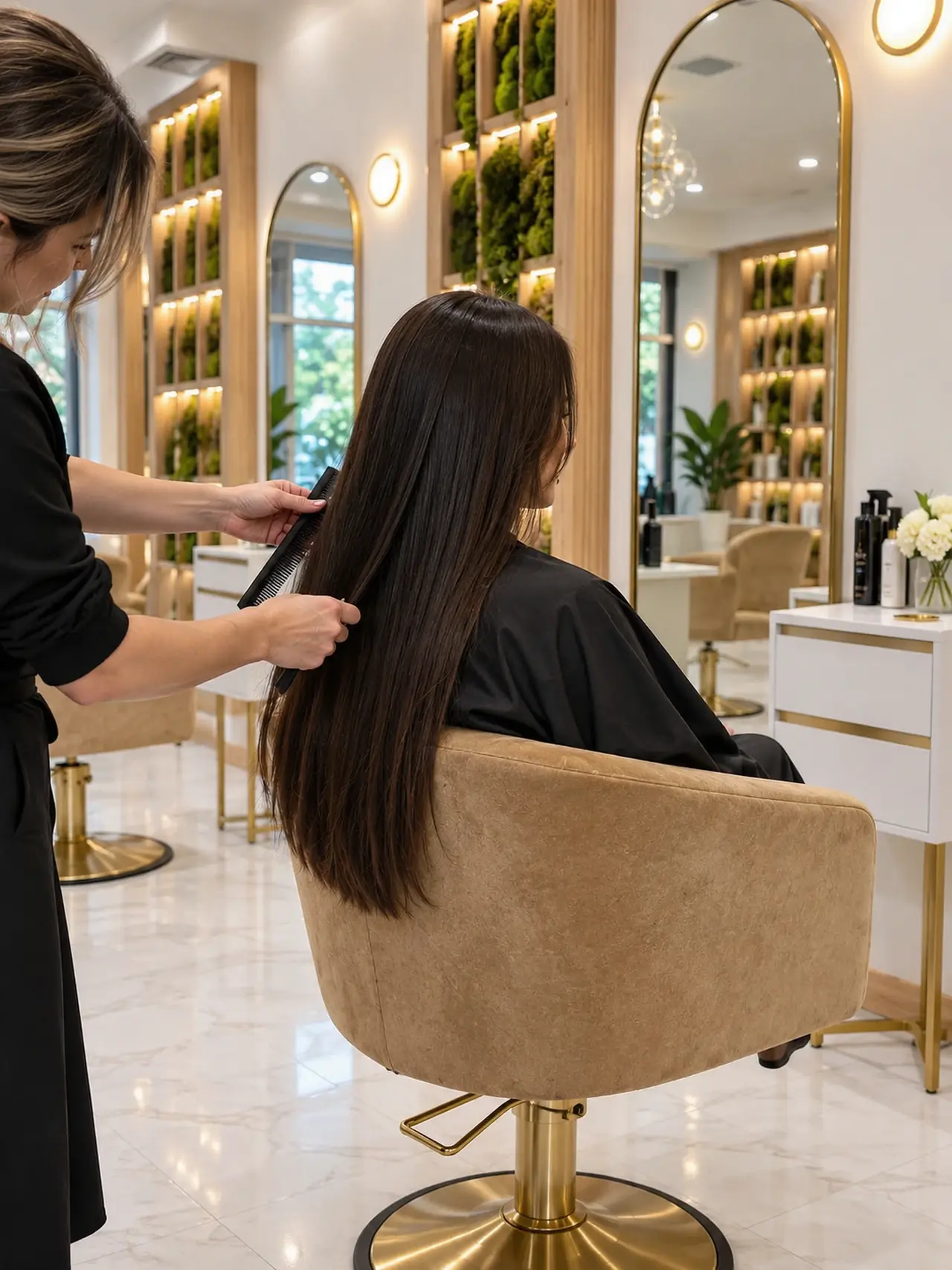 Long, straight dark hair with a sleek finish in the salon