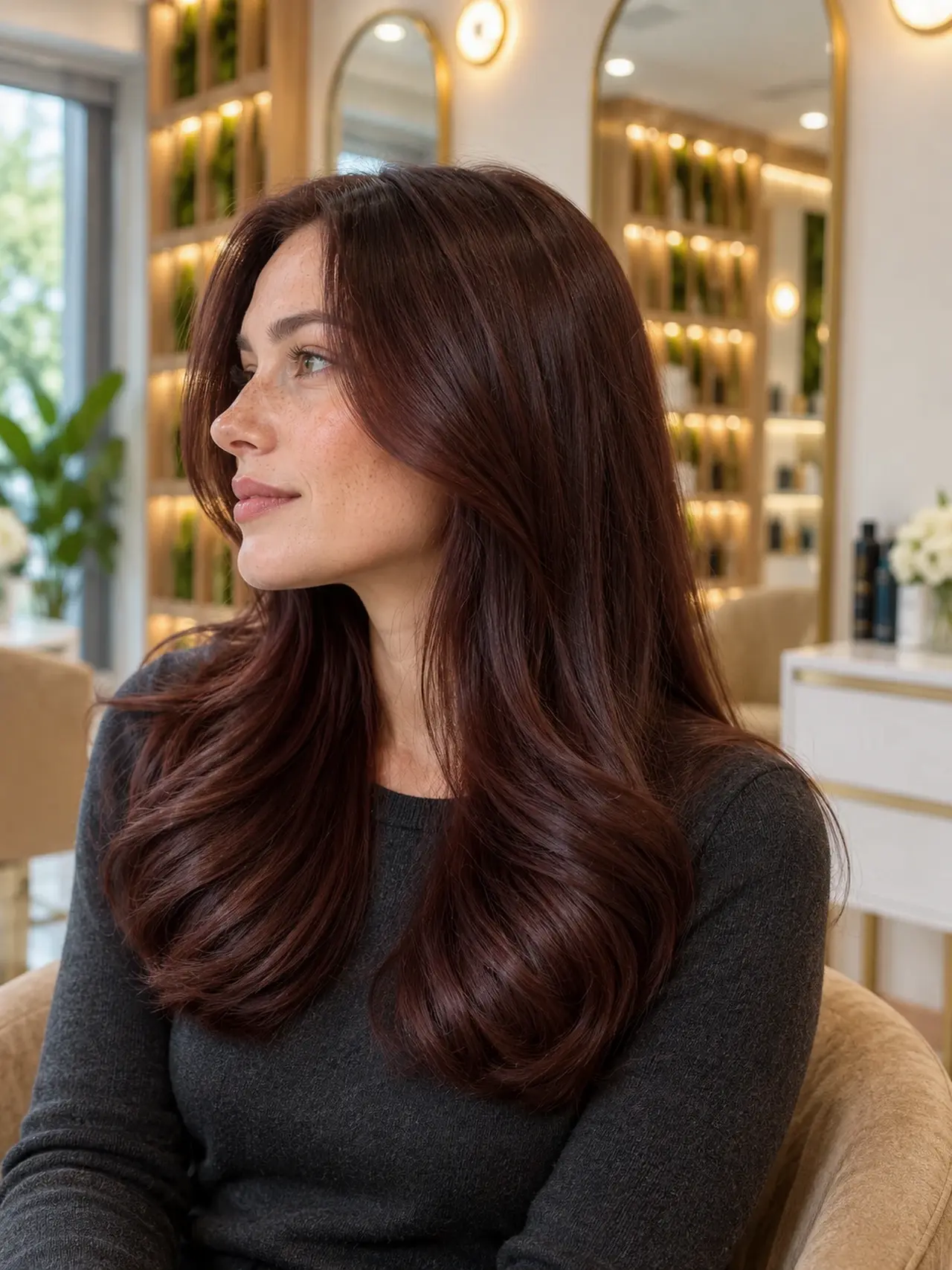 High-shine dark cherry-brown long hair with softly curved ends