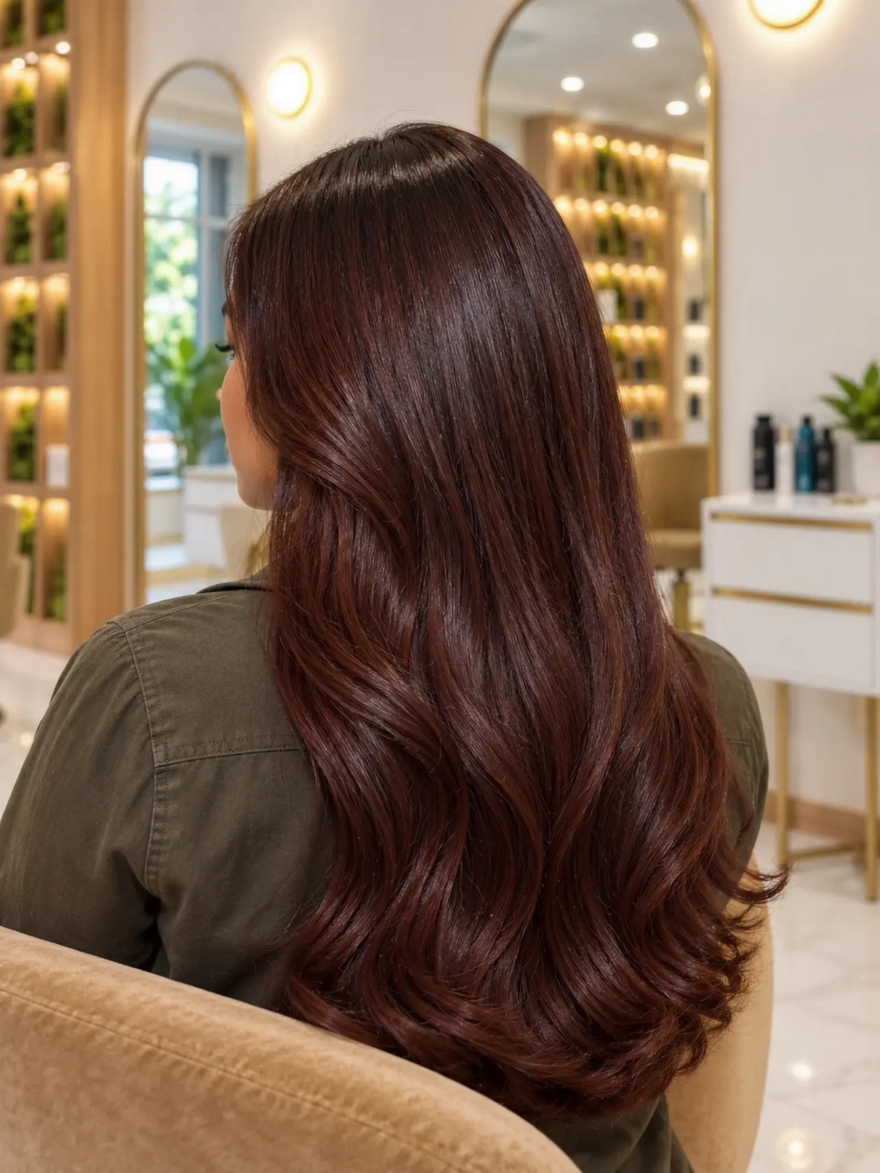 High-shine dark cherry-brown long hair with softly curved ends